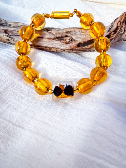 Amber Glass Bead Bracelet with Square Black & Clear Feature Bead