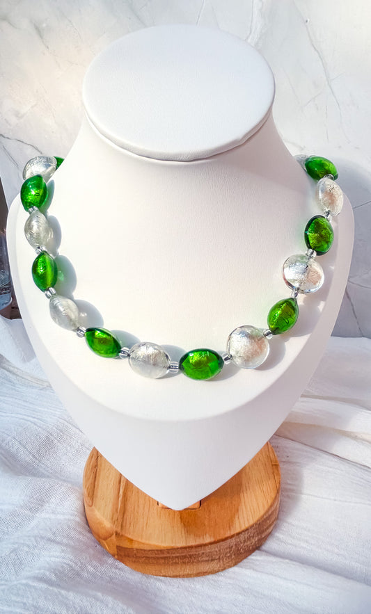 Green & Gold Disc Bead Necklace with Silver Foiled Accents