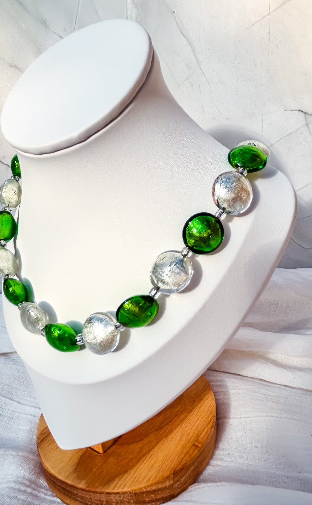 Green & Gold Disc Bead Necklace with Silver Foiled Accents