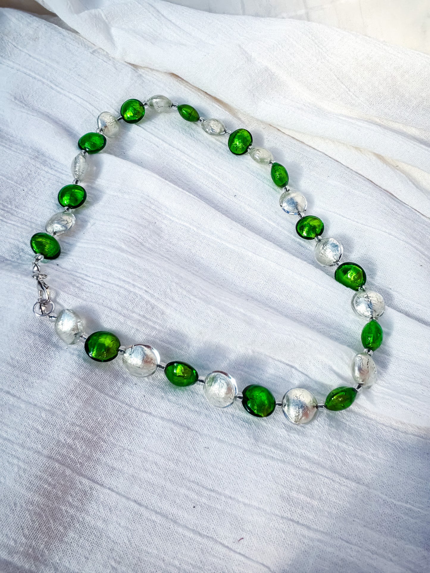 Green & Gold Disc Bead Necklace with Silver Foiled Accents