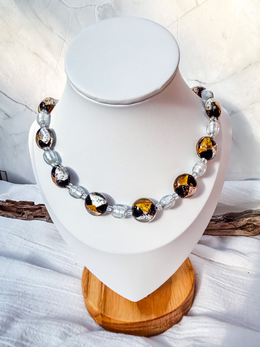 Round Multi-Coloured Disc Beads with Gold, Black & Foiled Silver Accents Necklace