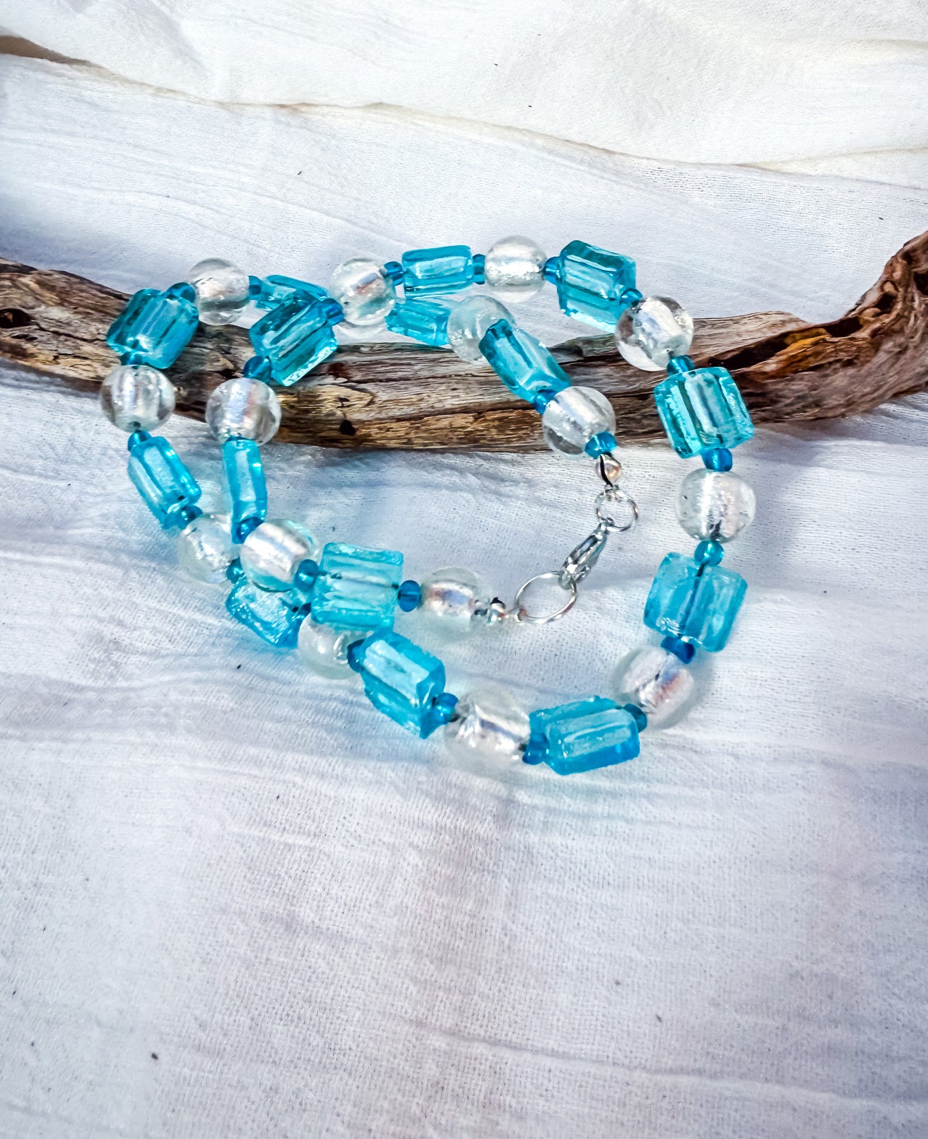 Teal and White Handmade Beaded Necklace - Beadsmith
