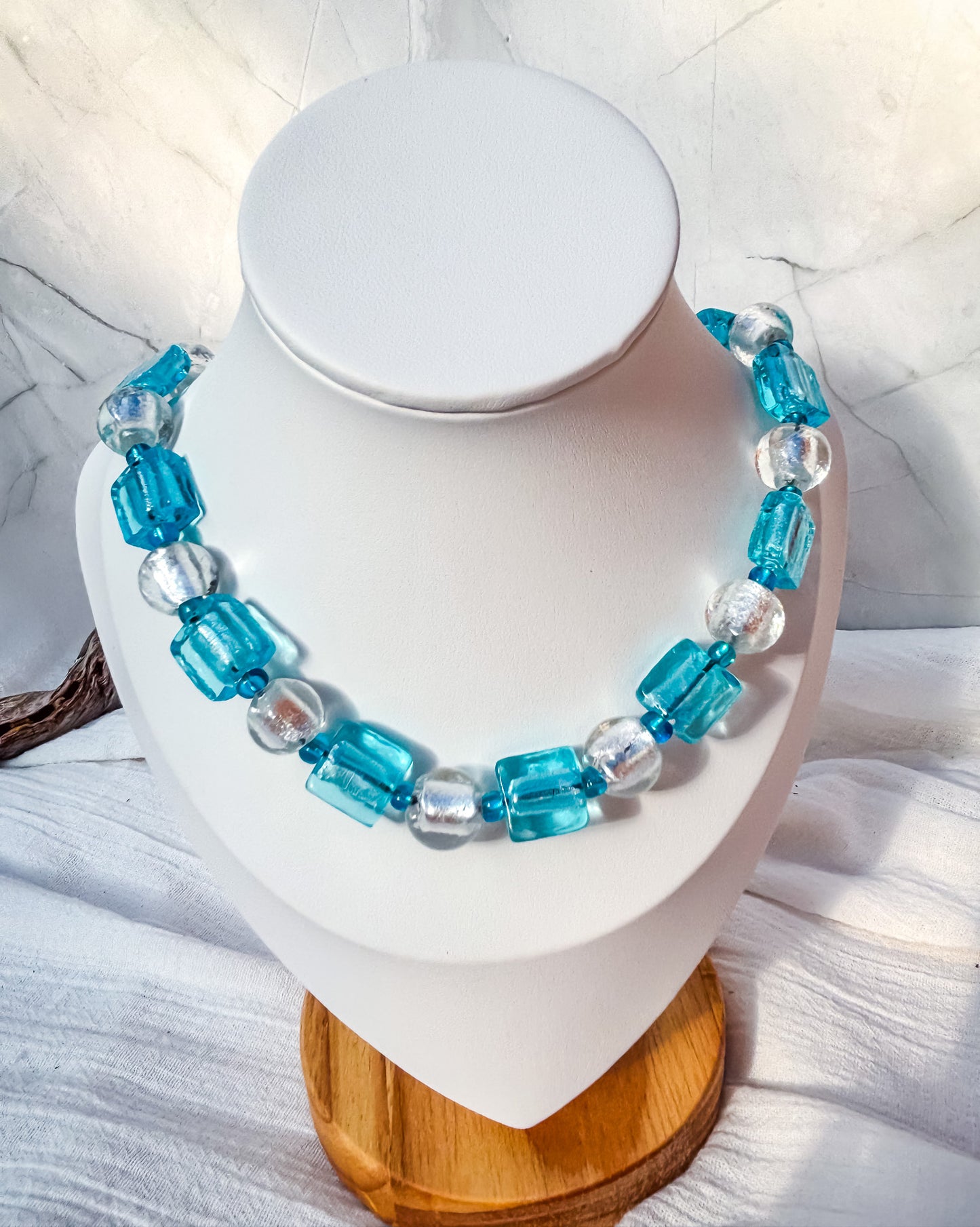 Teal and White Handmade Beaded Necklace - Beadsmith