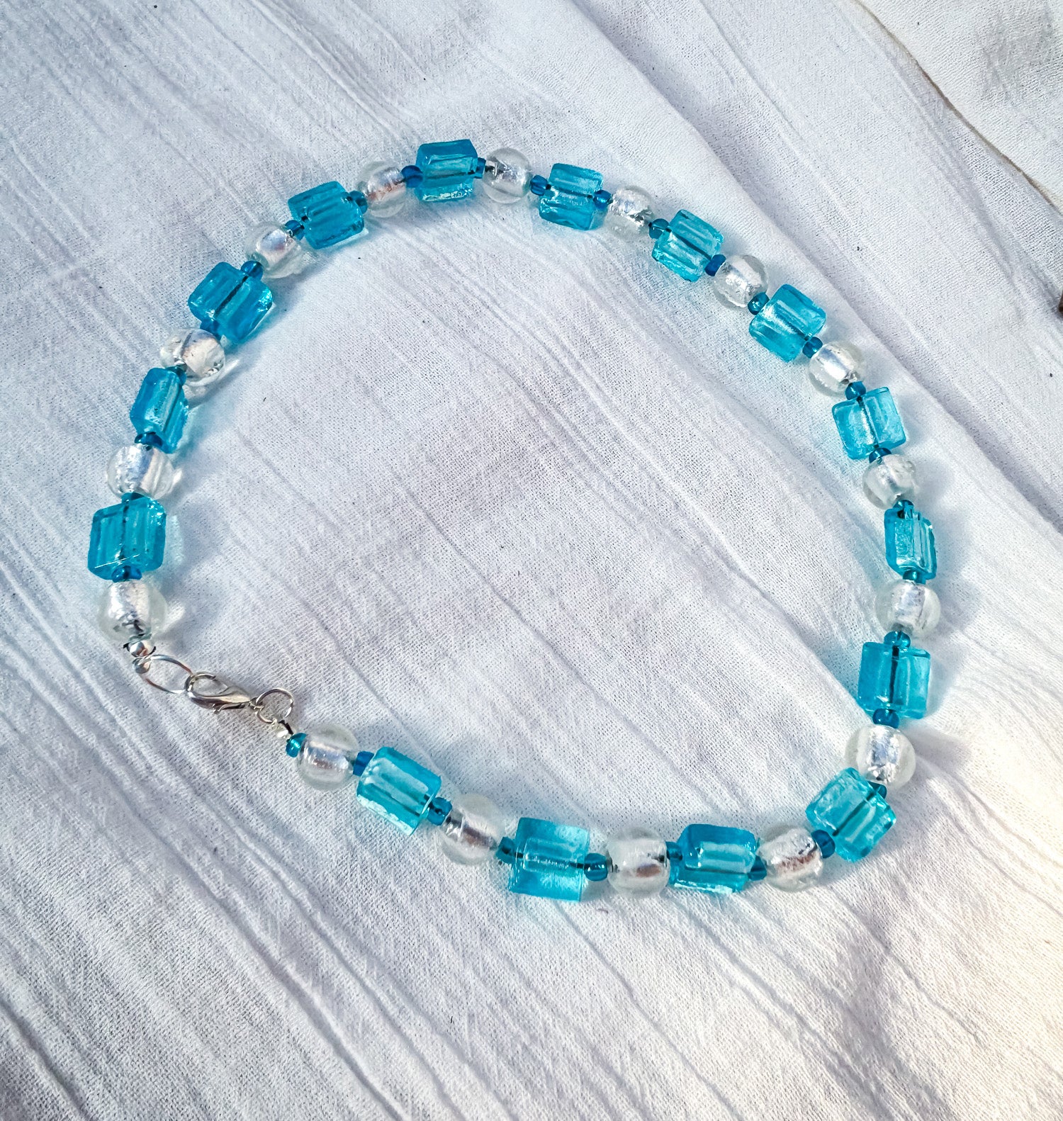 Teal and White Handmade Beaded Necklace - Beadsmith