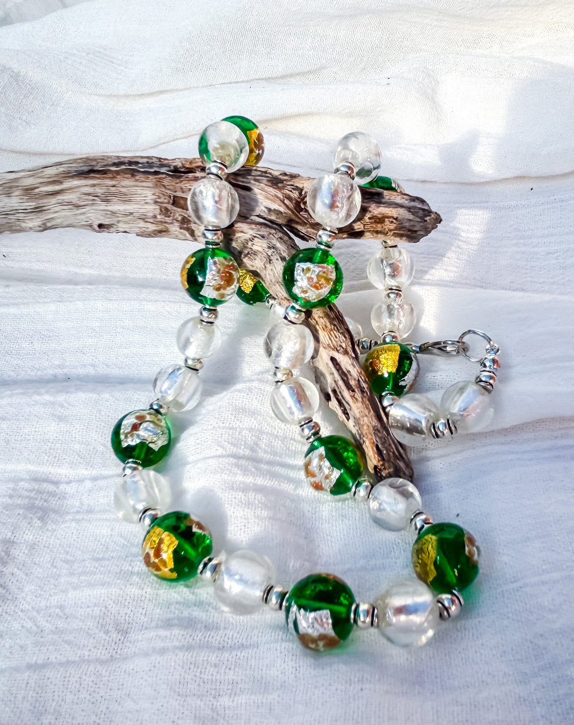 Round Disc Handmade Venetian Glass Beads in Silver & Green Necklace