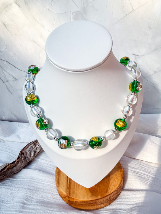 Round Disc Handmade Venetian Glass Beads in Silver & Green Necklace