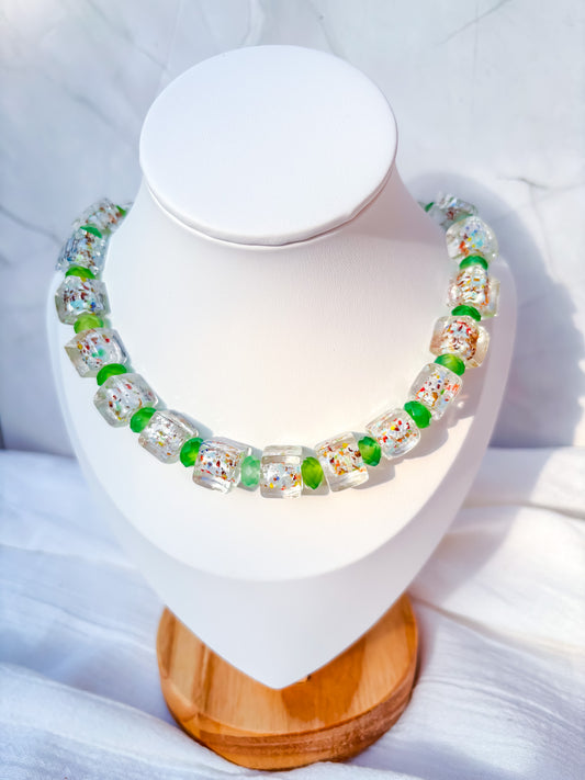 Clear Glass Rainbow-Speckled Beaded Necklace with Faceted Green Frosted Spacers