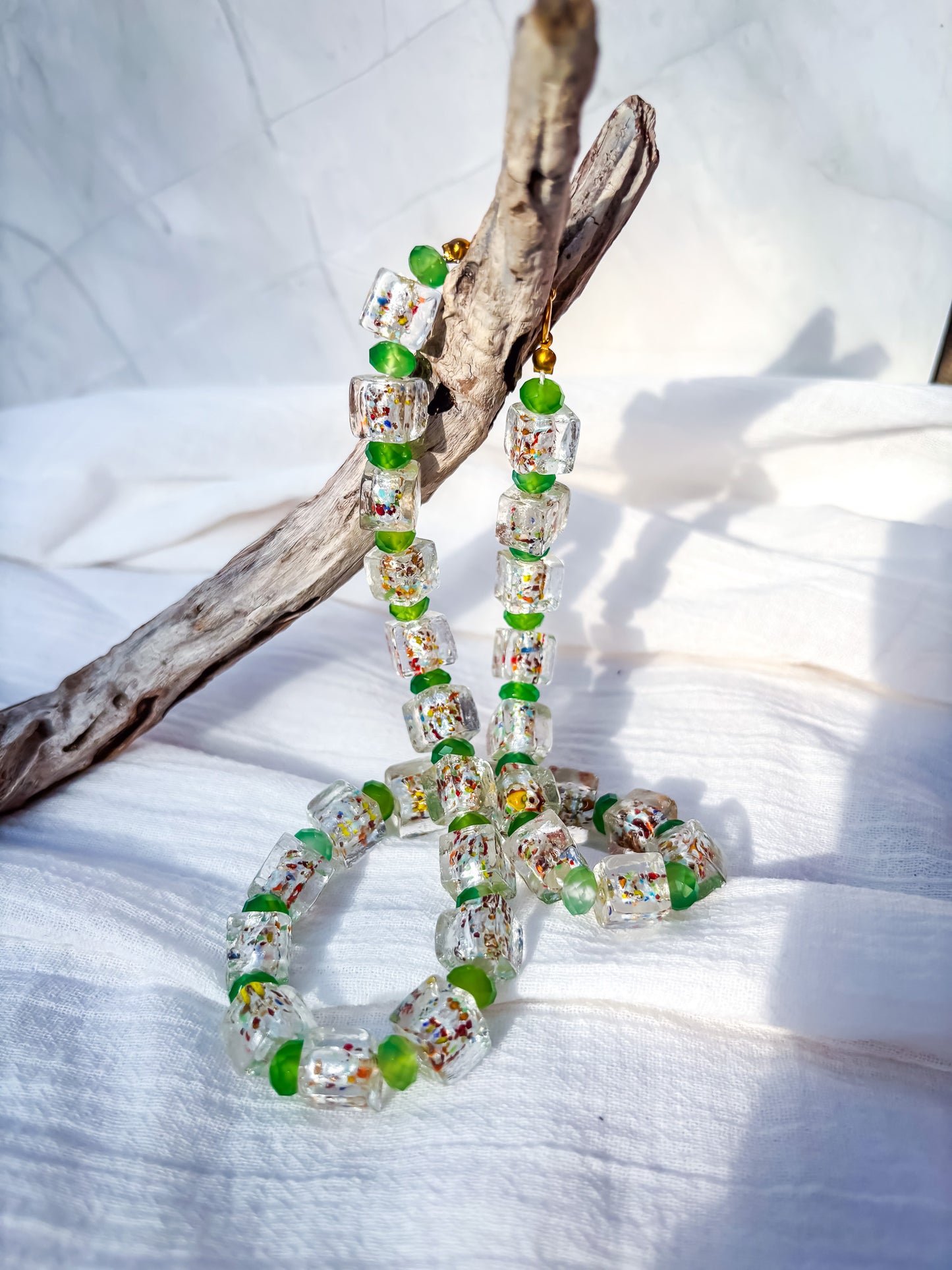 Clear Glass Rainbow-Speckled Beaded Necklace with Faceted Green Frosted Spacers