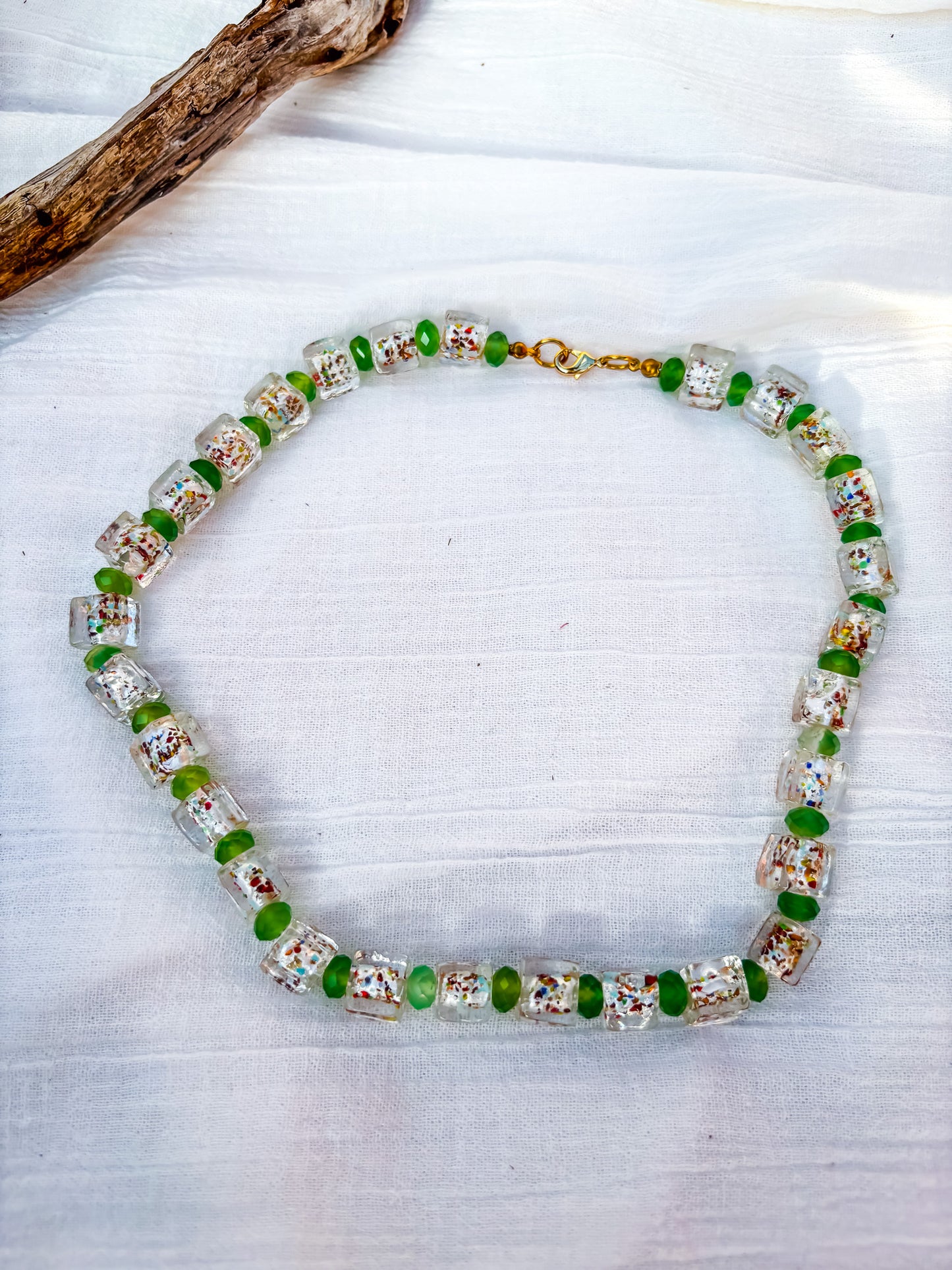 Clear Glass Rainbow-Speckled Beaded Necklace with Faceted Green Frosted Spacers