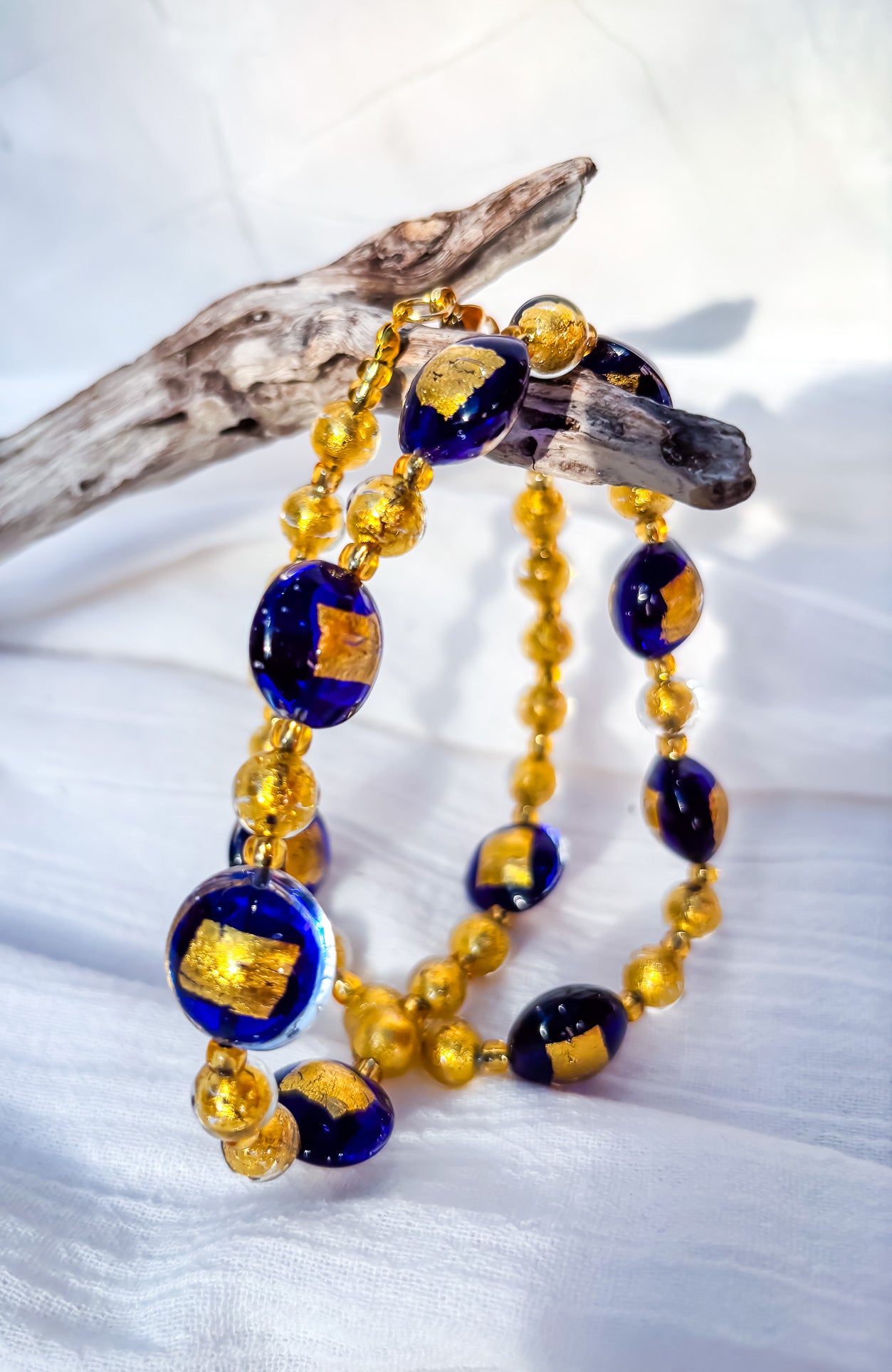 Foiled Gold Beaded Necklace with Navy & Gold Venetian Glass Feature Beads