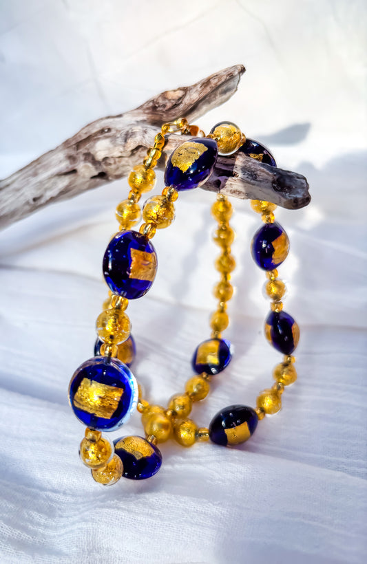 Foiled Gold Beaded Necklace with Navy & Gold Venetian Glass Feature Beads
