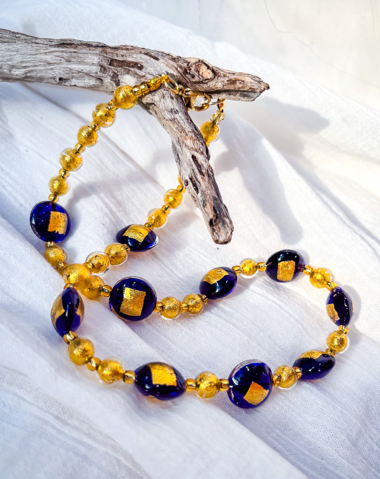 Foiled Gold Beaded Necklace with Navy & Gold Venetian Glass Feature Beads