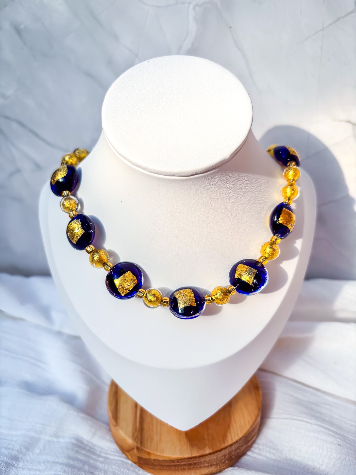 Foiled Gold Beaded Necklace with Navy & Gold Venetian Glass Feature Beads