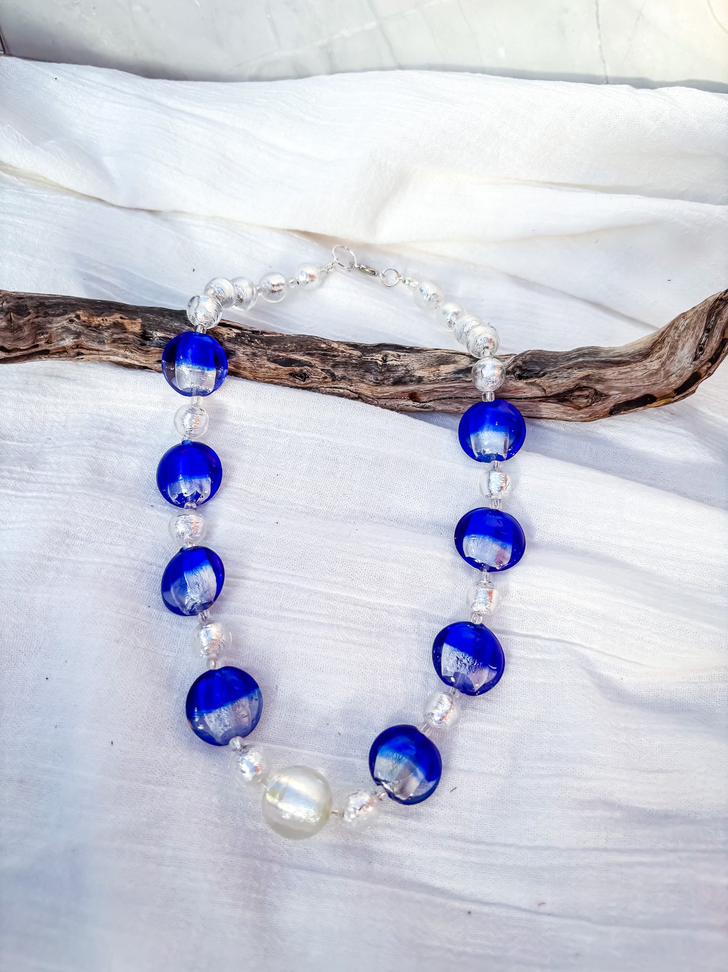 Handmade Venetian Blue Glass Bead Necklace with Silver Feature Bead