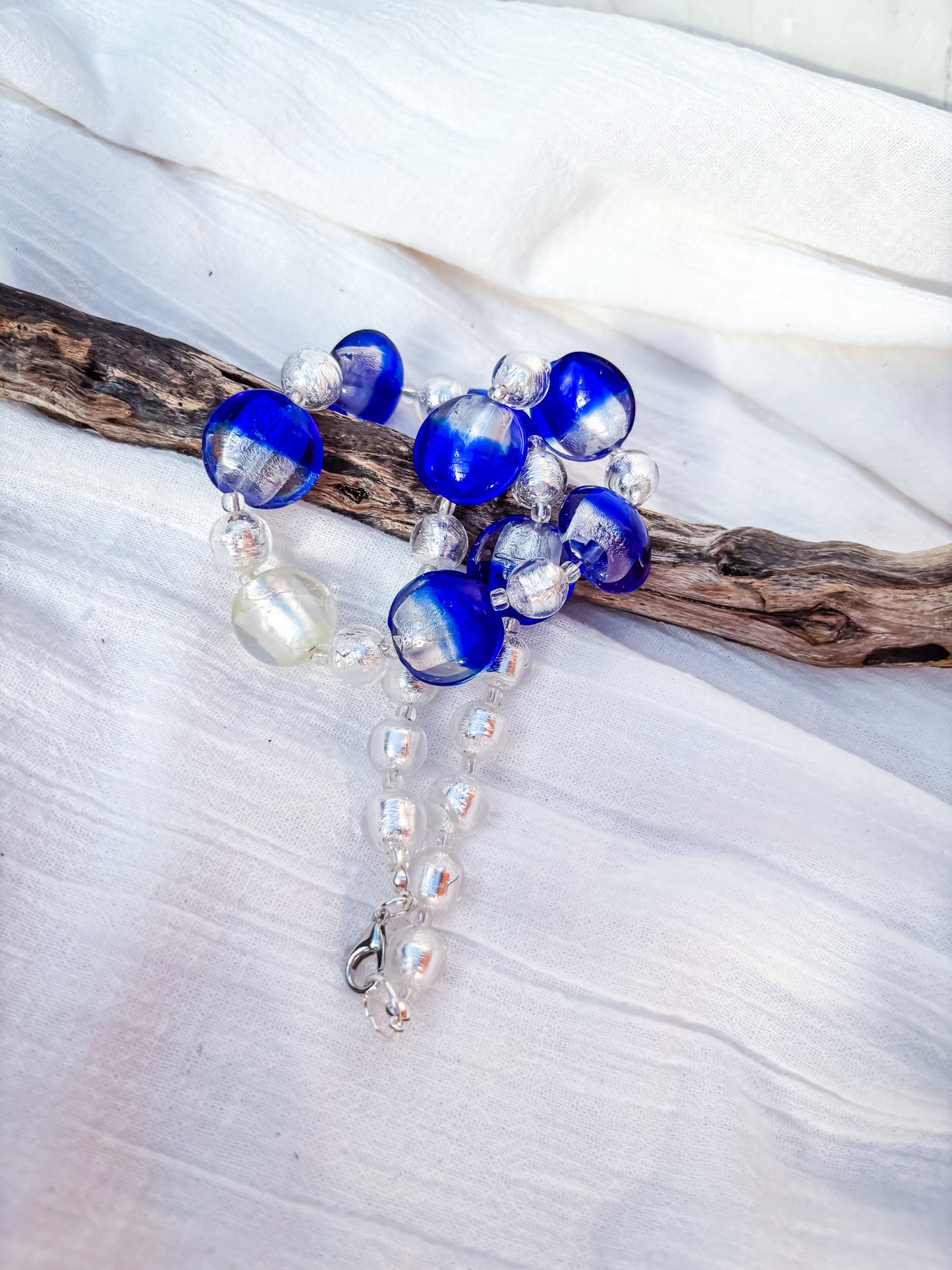 Handmade Venetian Blue Glass Bead Necklace with Silver Feature Bead
