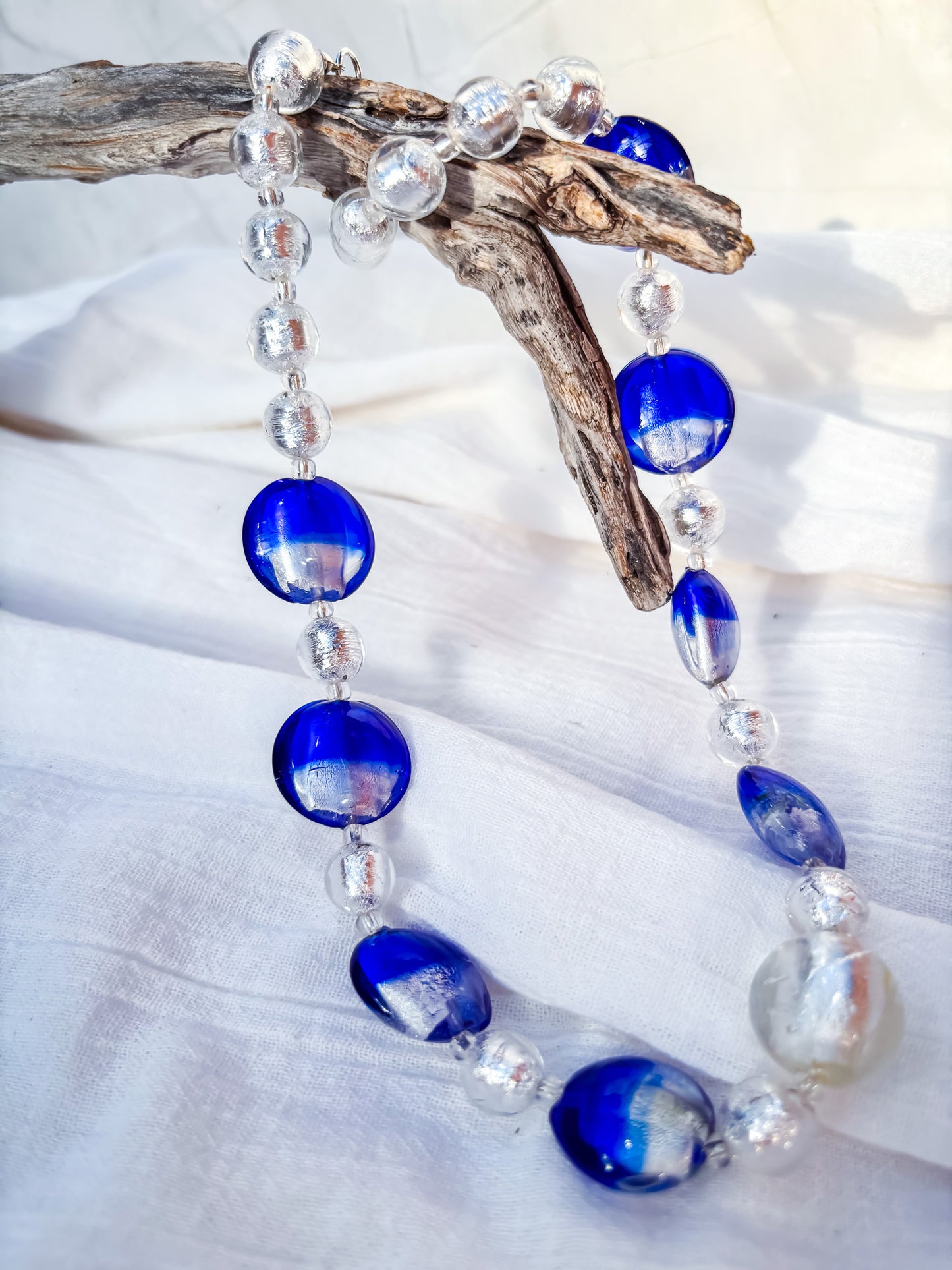 Handmade Venetian Blue Glass Bead Necklace with Silver Feature Bead