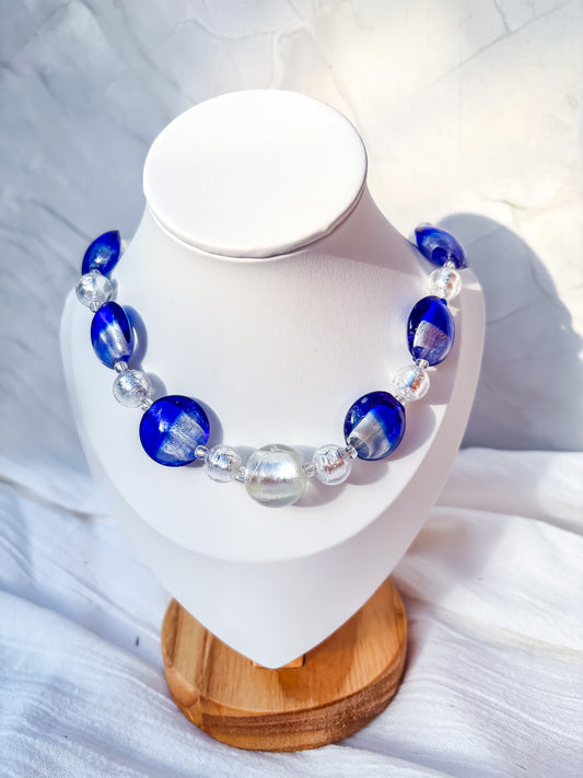 Handmade Venetian Blue Glass Bead Necklace with Silver Feature Bead