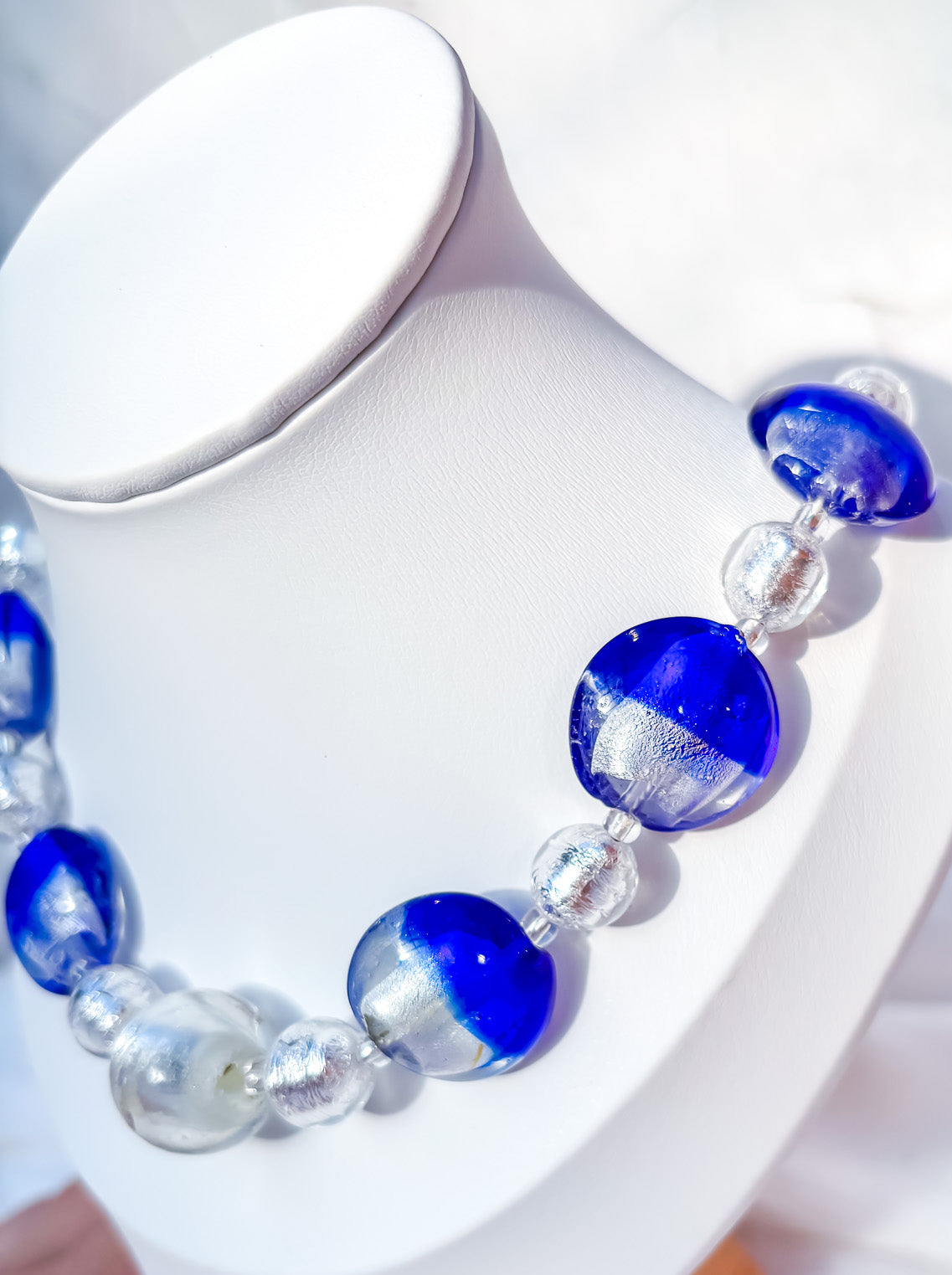 Handmade Venetian Blue Glass Bead Necklace with Silver Feature Bead