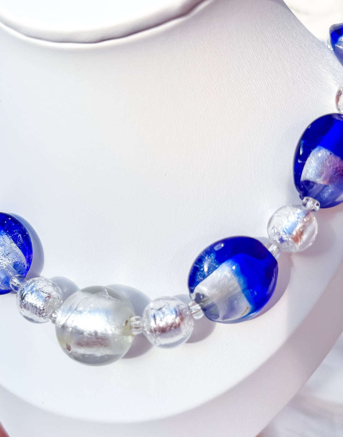 Handmade Venetian Blue Glass Bead Necklace with Silver Feature Bead