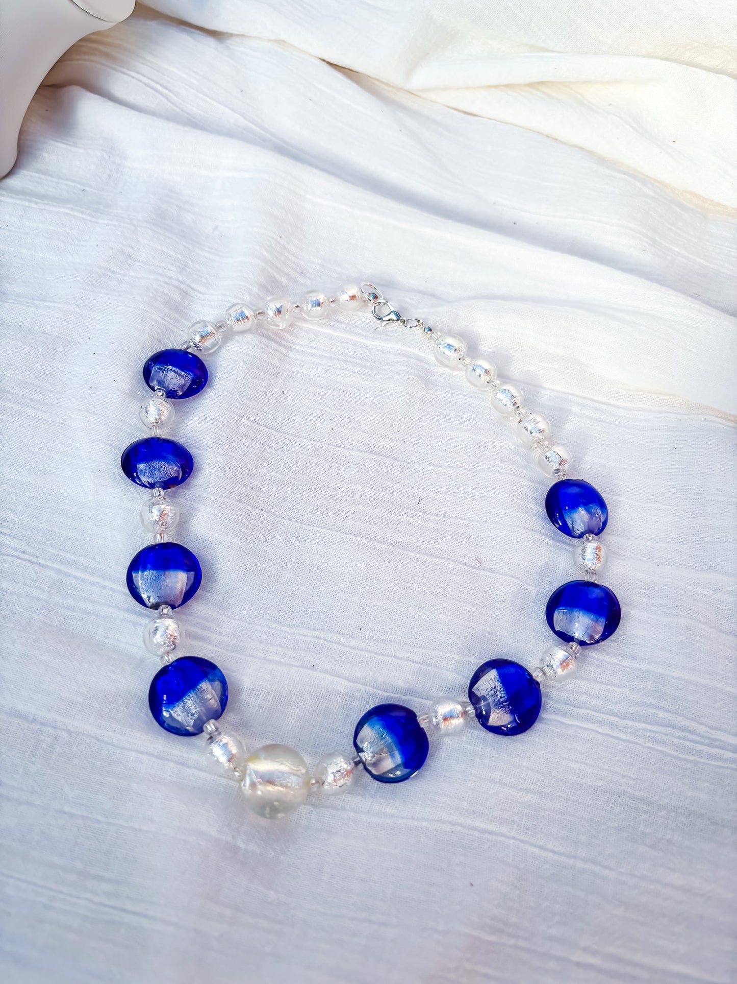 Handmade Venetian Blue Glass Bead Necklace with Silver Feature Bead
