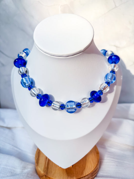 Blue, silver and dark blue necklace, handmade venetian glass beads
