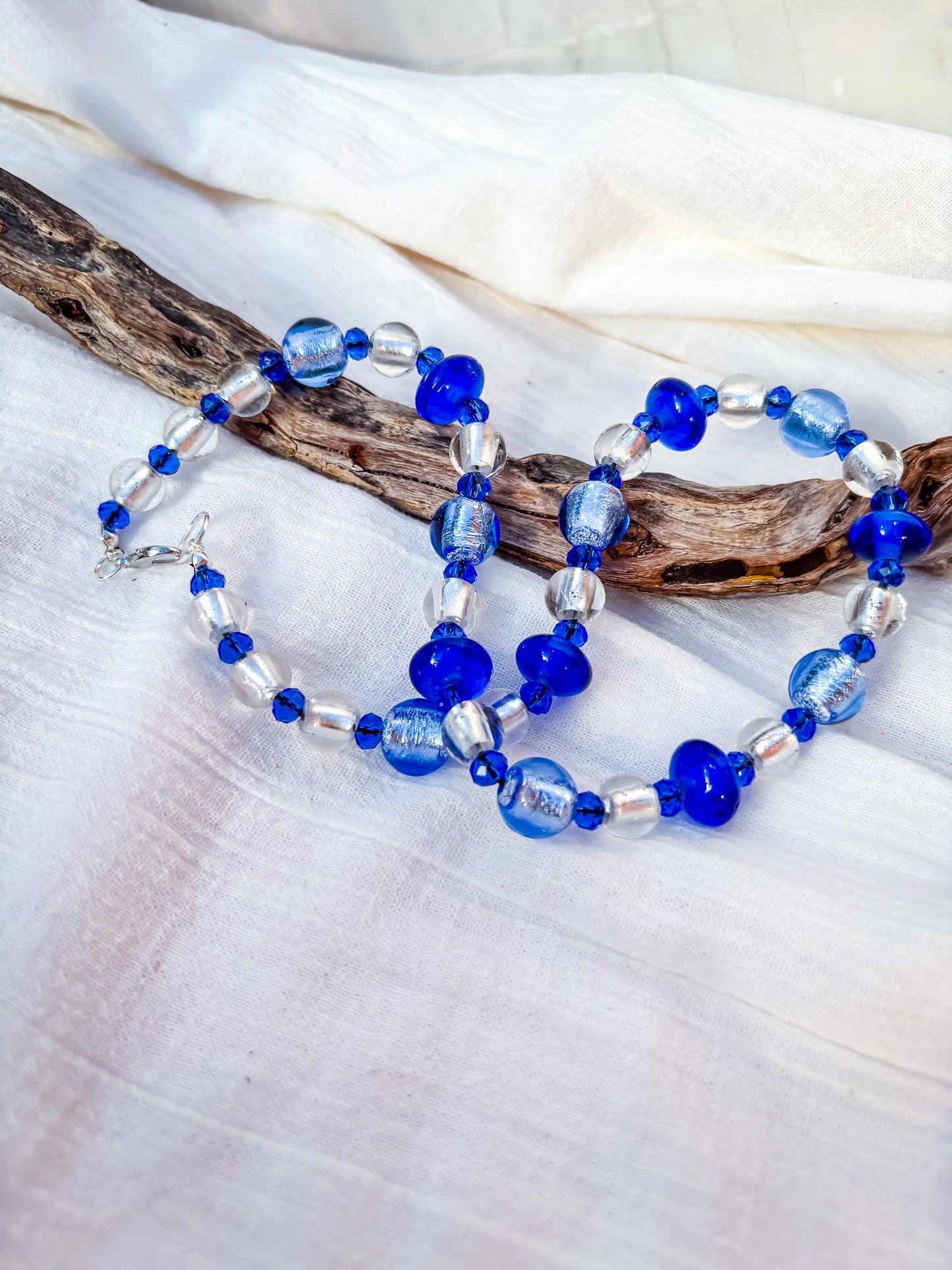 Blue, silver and dark blue necklace, handmade venetian glass beads