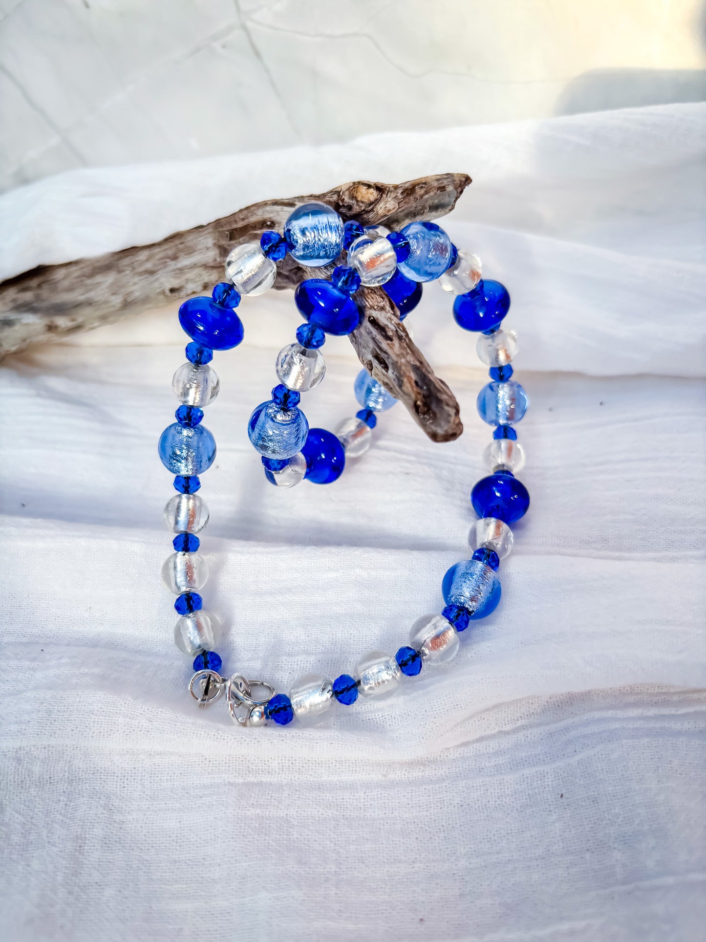 Blue, silver and dark blue necklace, handmade venetian glass beads
