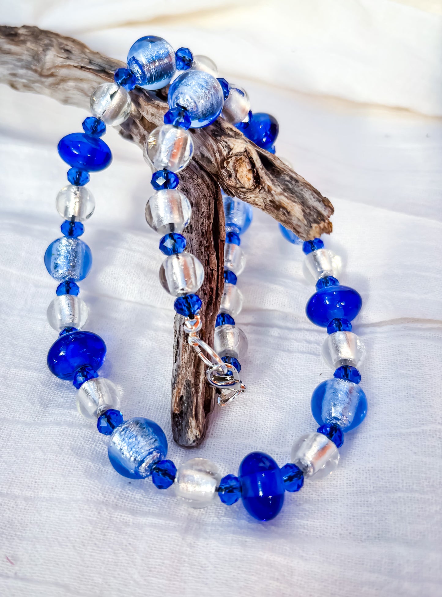 Blue, silver and dark blue necklace, handmade venetian glass beads