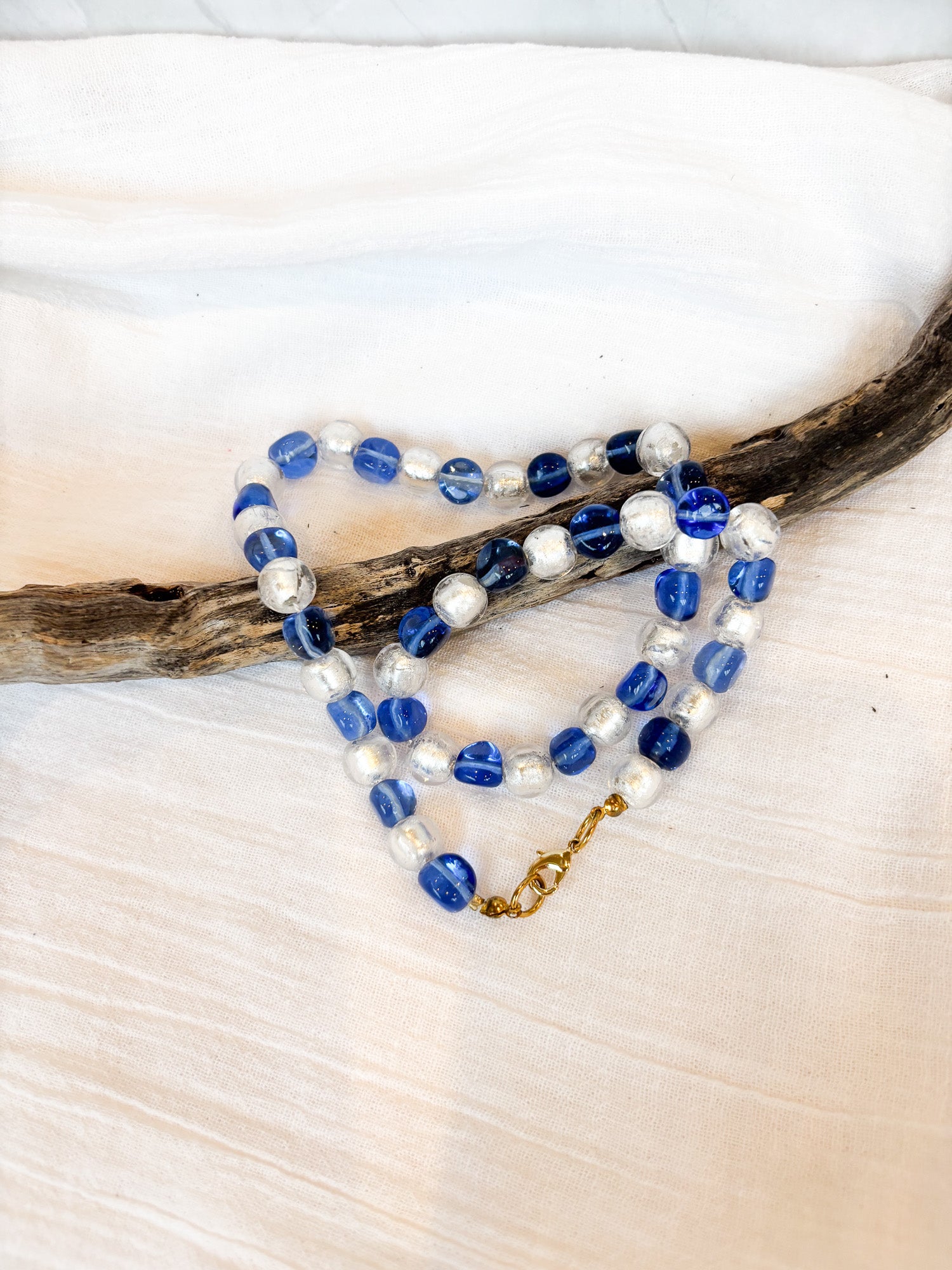 Handmade Blue and Silver Foil Beaded Necklace (gold) - Beadsmith