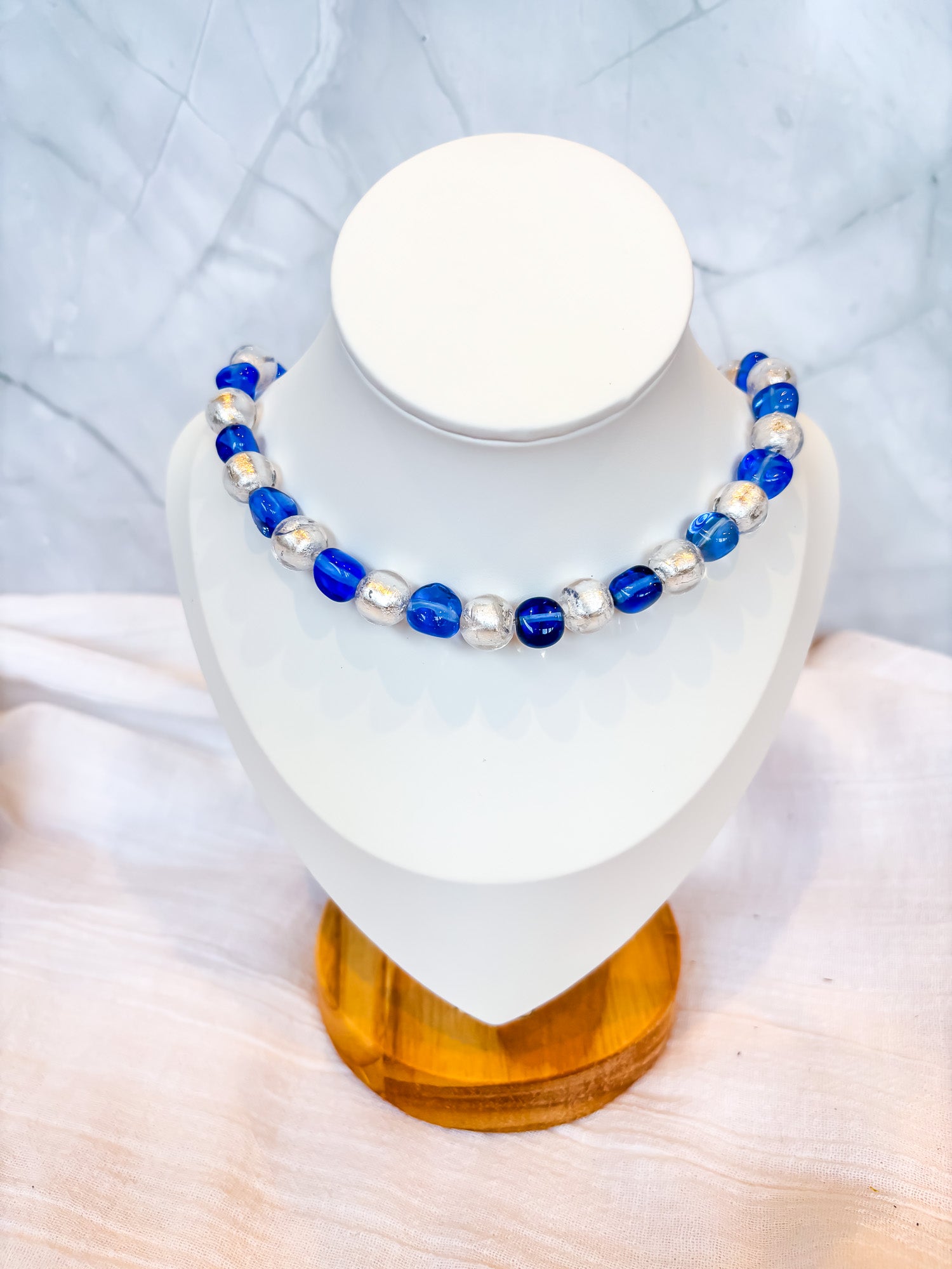 Handmade Blue and Silver Foil Beaded Necklace (gold) - Beadsmith