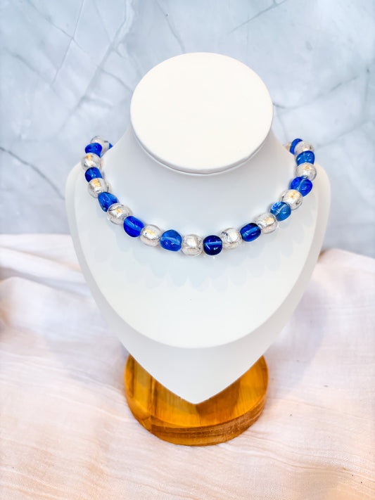 Handmade Blue and Silver Foil Beaded Necklace (gold) - Beadsmith