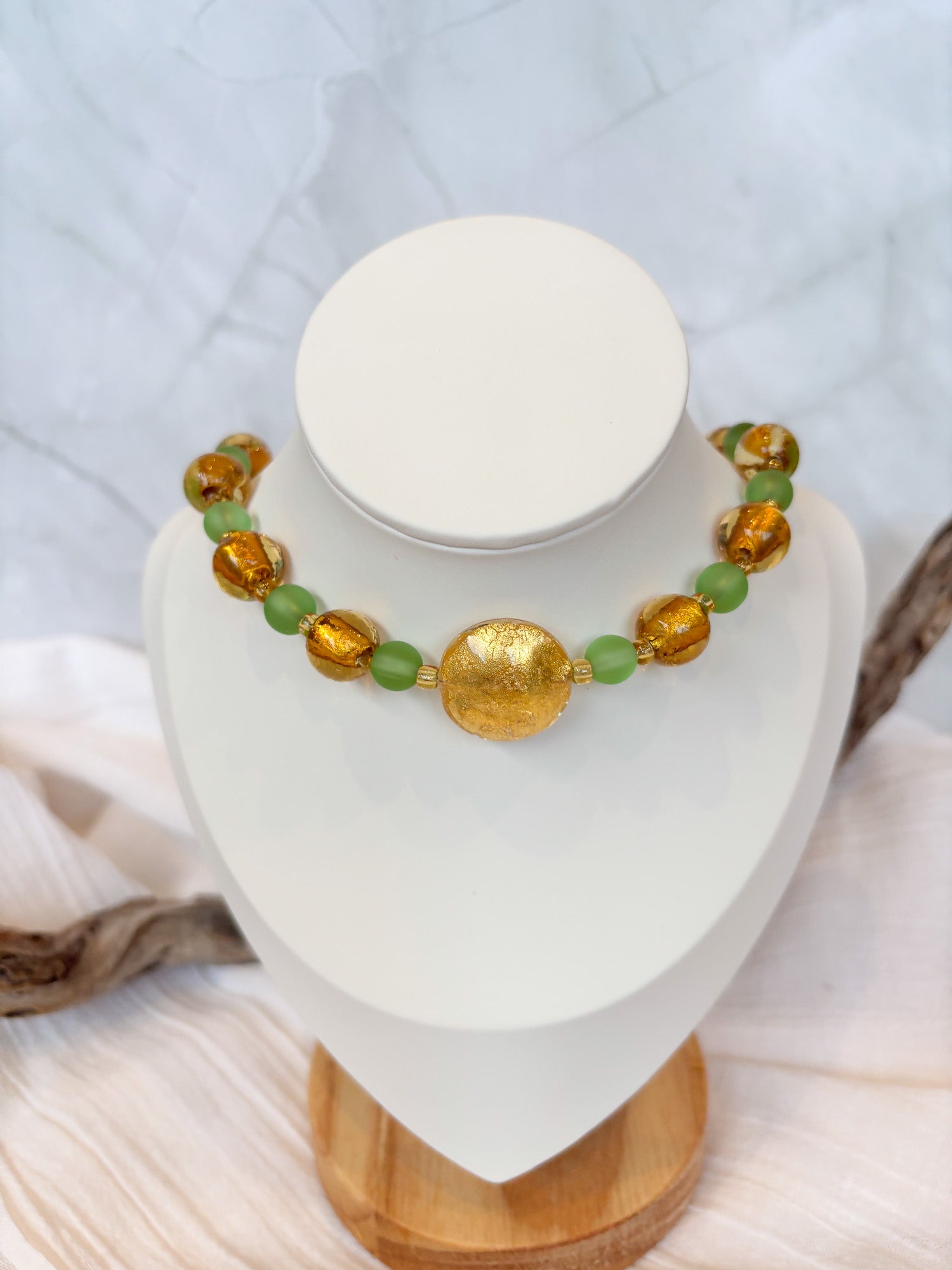 Handmade Green and Gold Beaded Necklace with stunning feature bead - Beadsmith