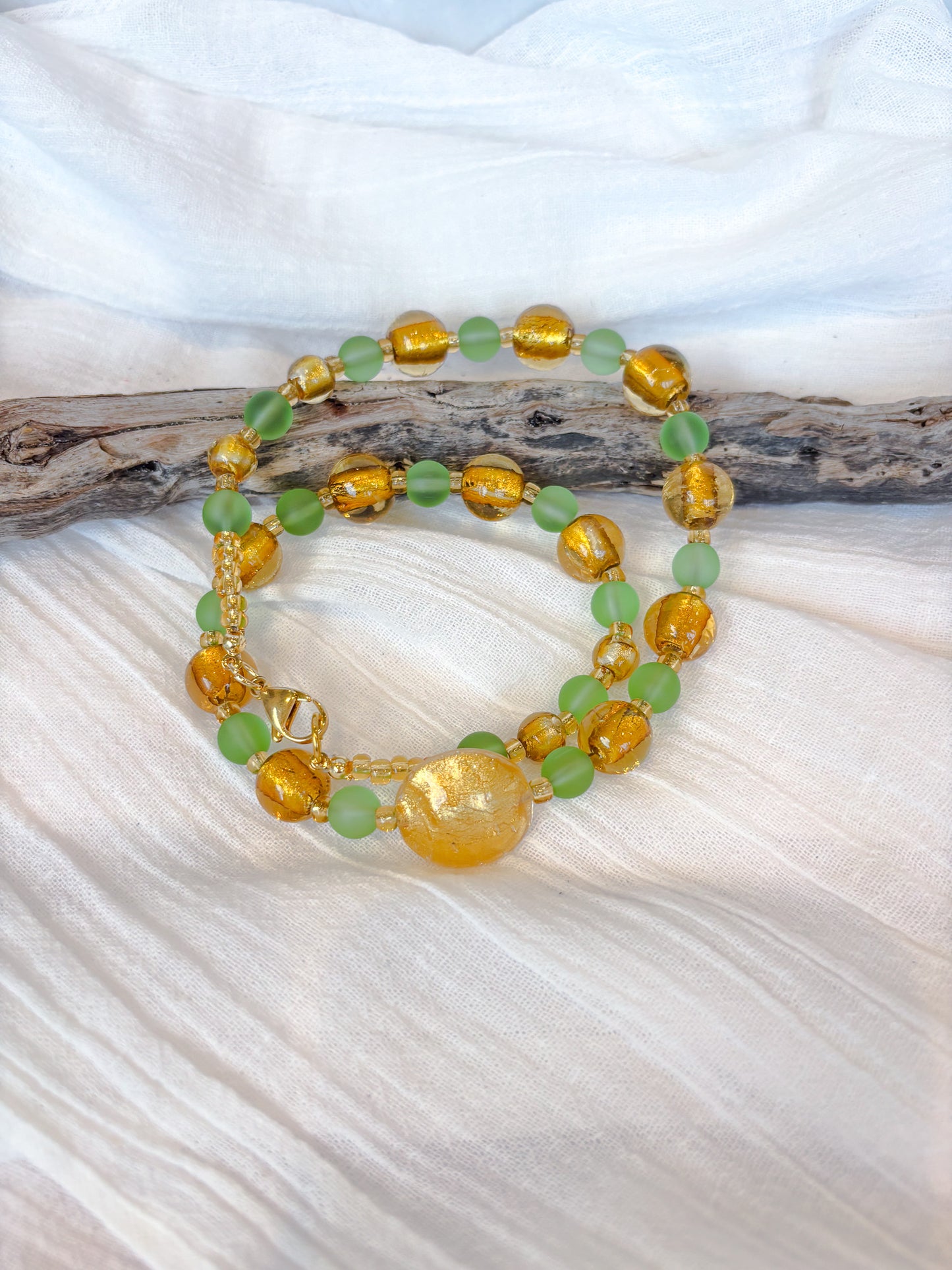 Handmade Green and Gold Beaded Necklace with stunning feature bead - Beadsmith