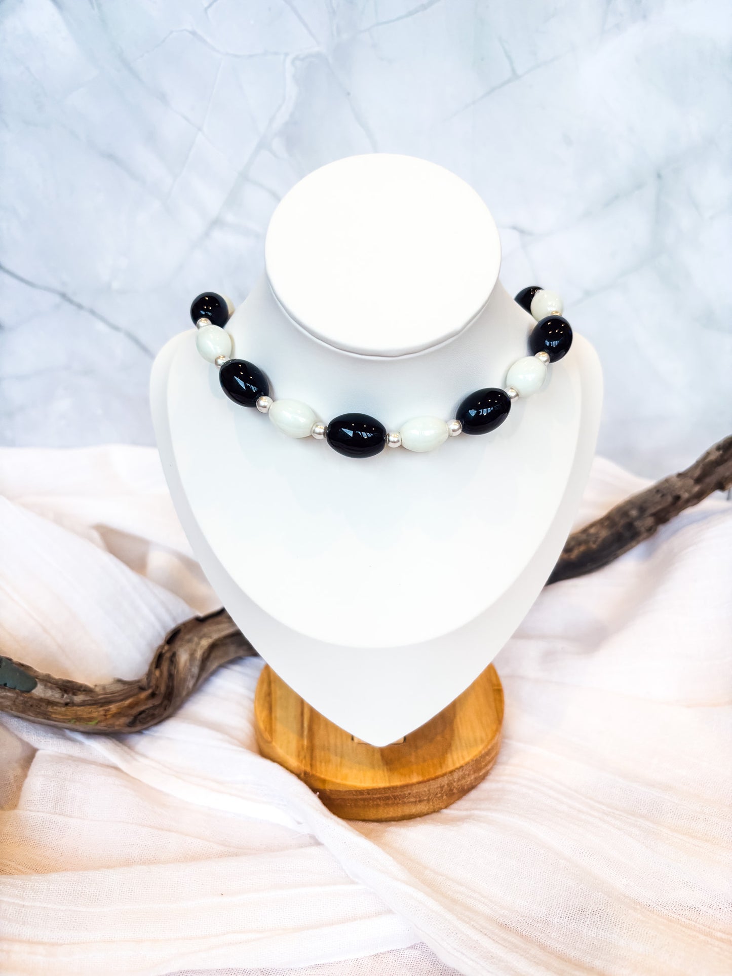 Handmade Black and White Oval Beaded Necklace - Beadsmith
