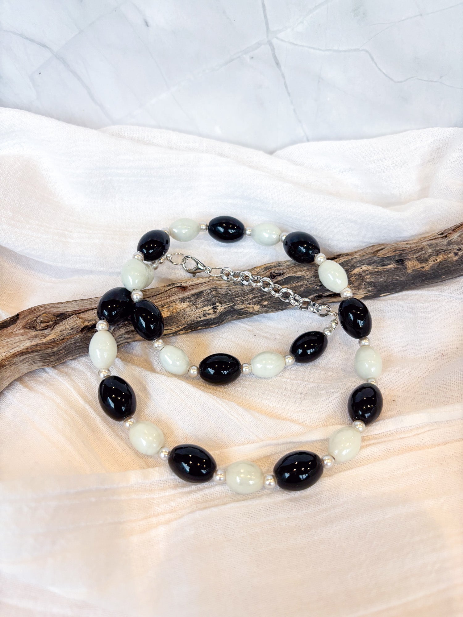 Handmade Black and White Oval Beaded Necklace - Beadsmith