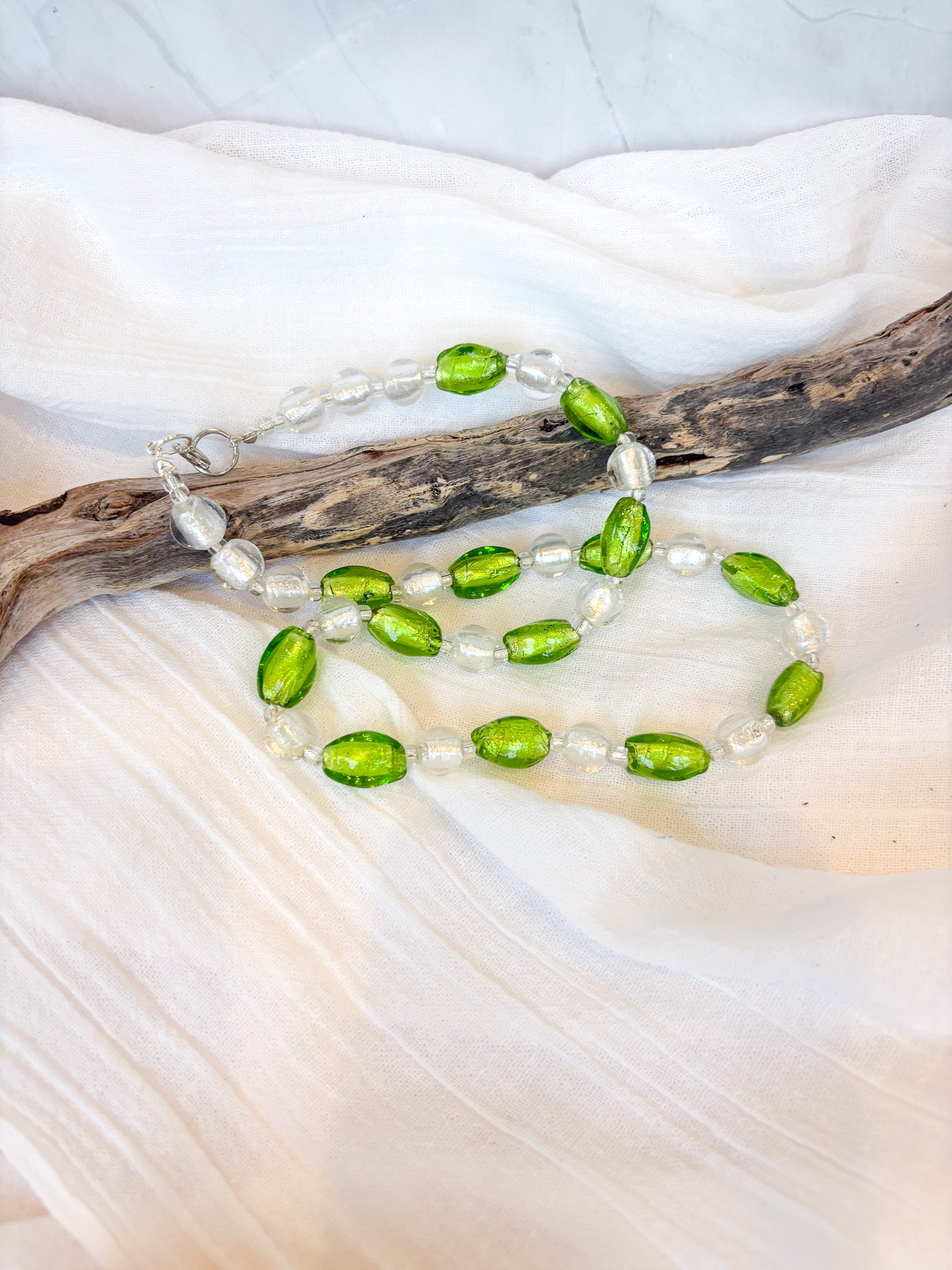 Handmade Green and Clear Oval Beaded Necklace - Beadsmith
