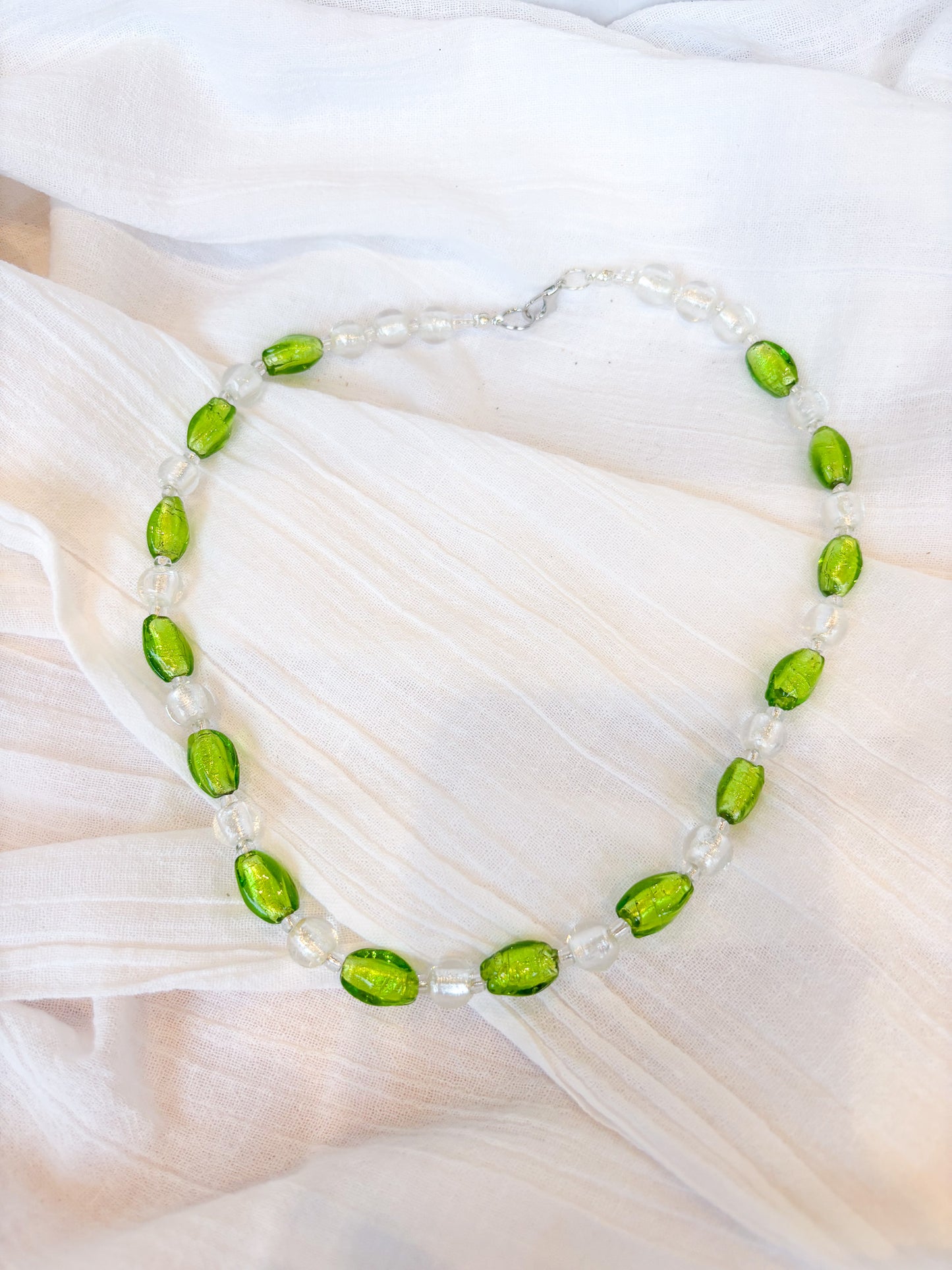 Handmade Green and Clear Oval Beaded Necklace - Beadsmith