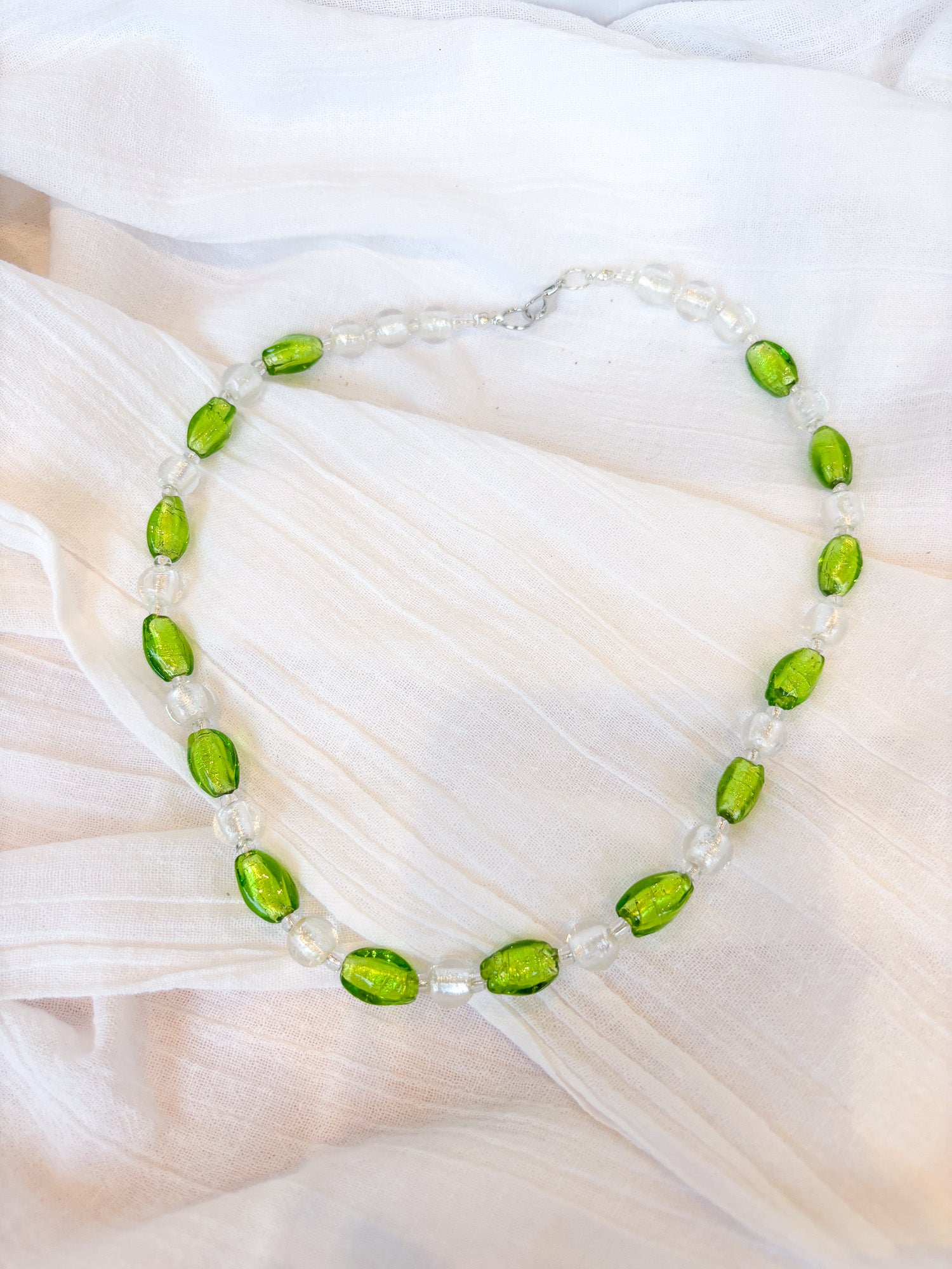 Handmade Green and Clear Oval Beaded Necklace - Beadsmith