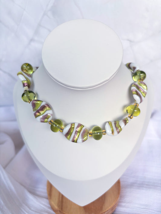 Round green & white gold stripe beaded necklace - Beadsmith