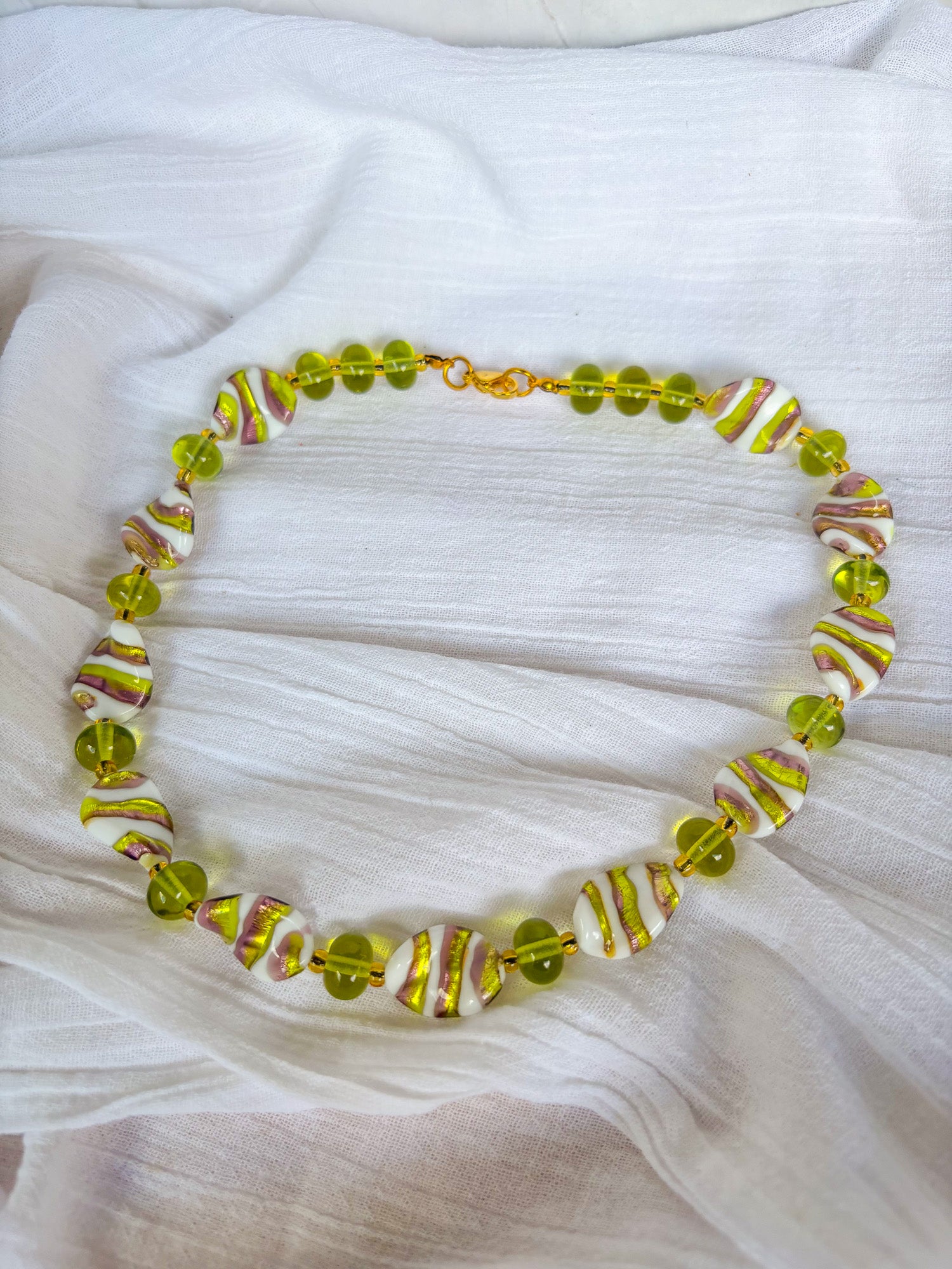 Round green & white gold stripe beaded necklace - Beadsmith