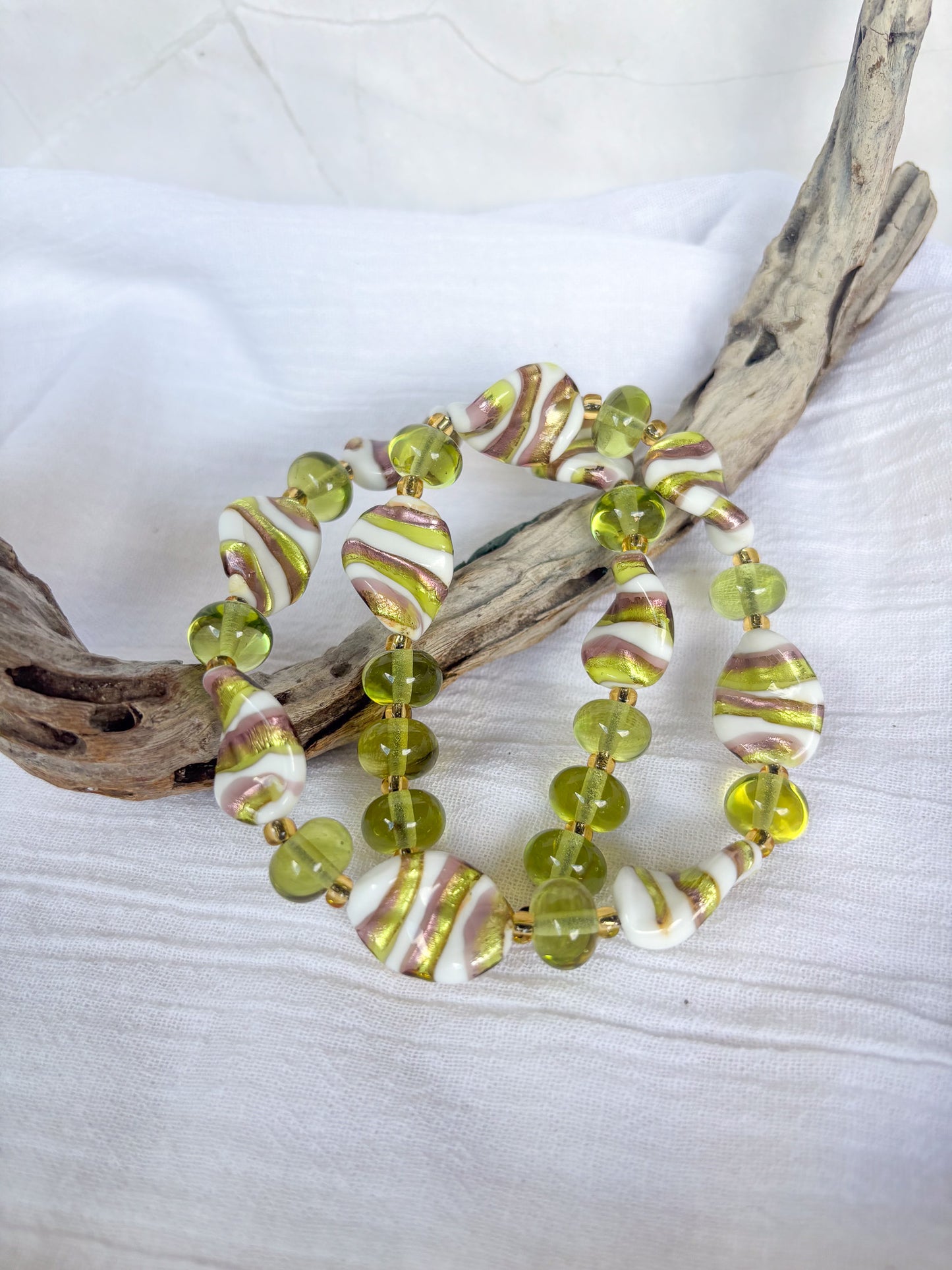 Round green & white gold stripe beaded necklace - Beadsmith