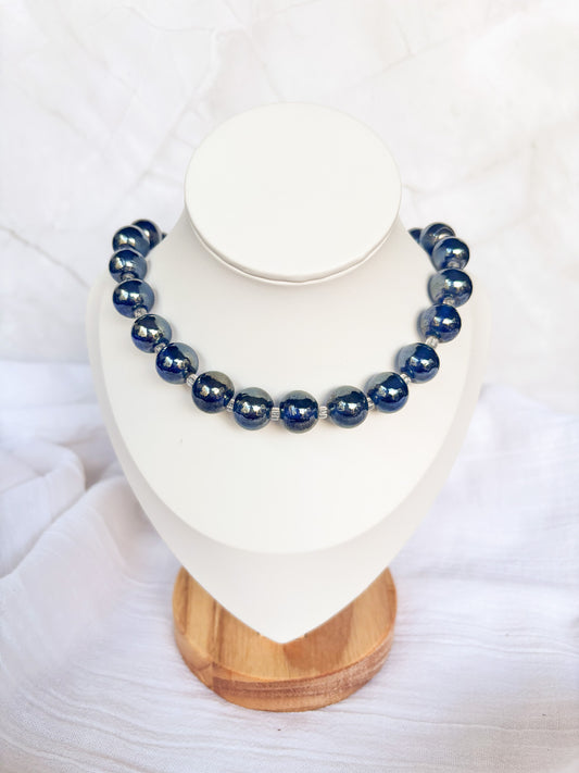Handmade Navy and Mirror Round Beaded Necklace - Beadsmith