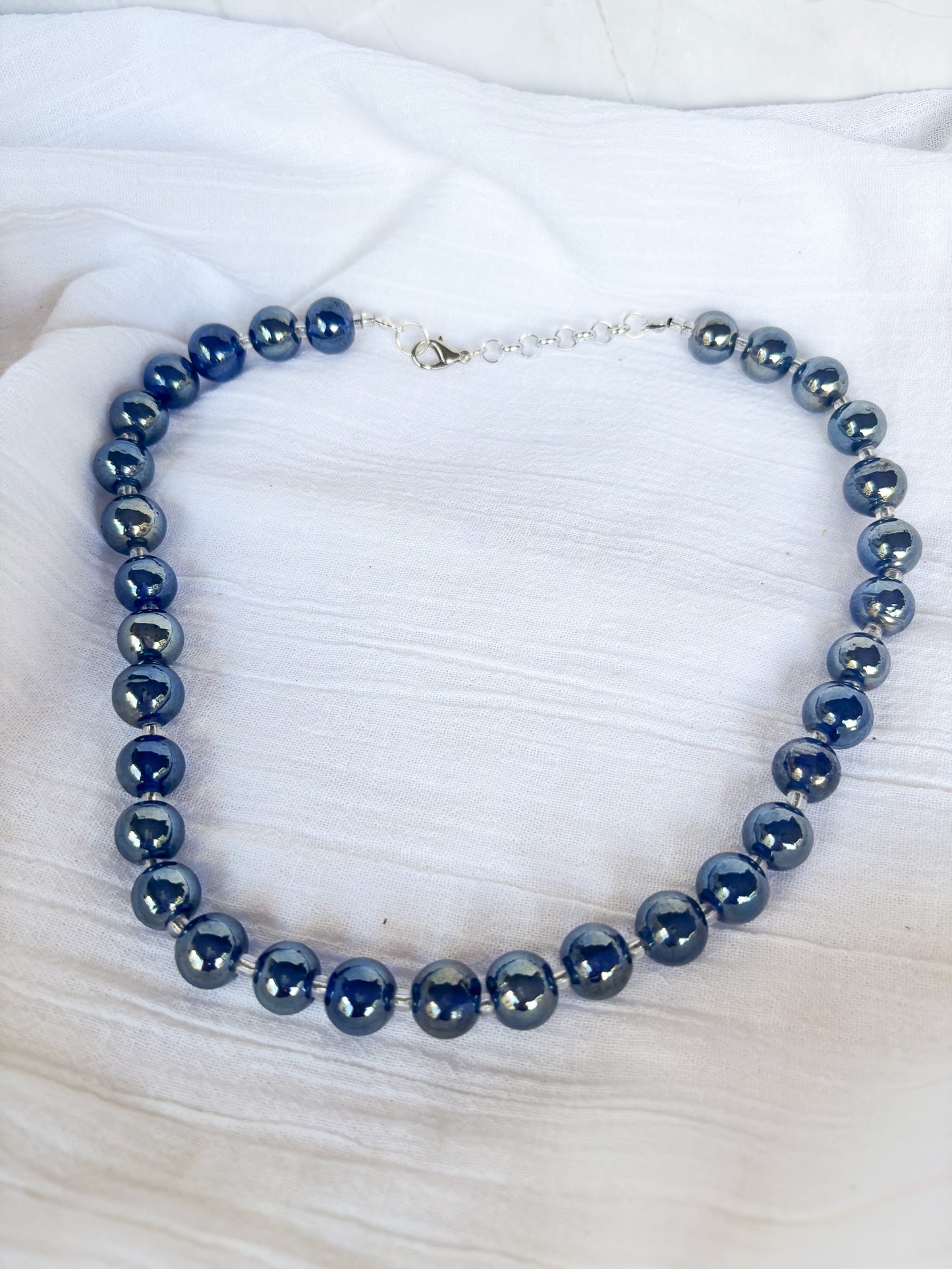 Handmade Navy and Mirror Round Beaded Necklace - Beadsmith