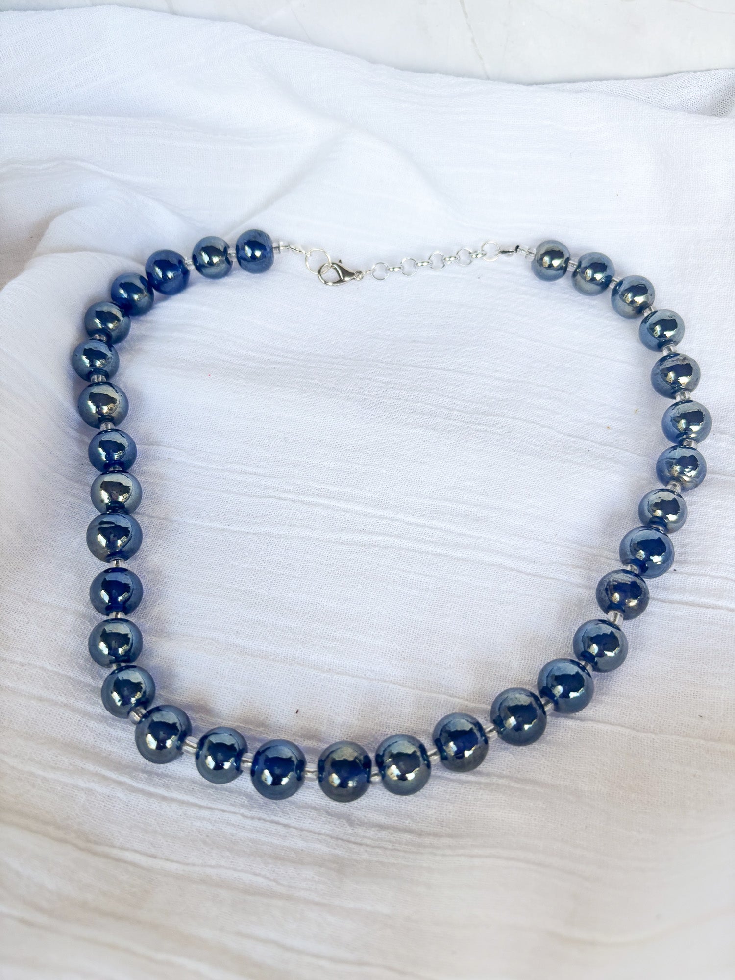 Handmade Navy and Mirror Round Beaded Necklace - Beadsmith