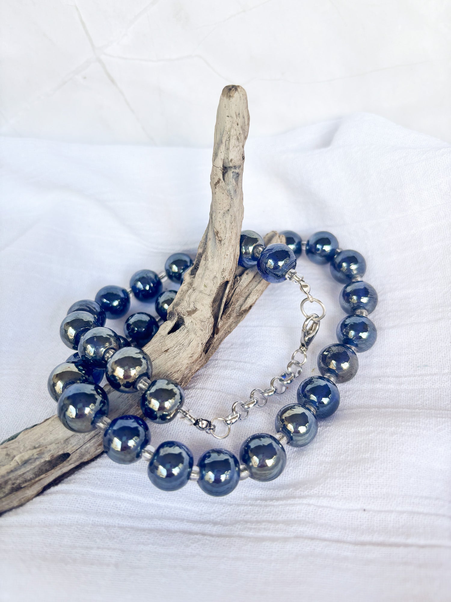 Handmade Navy and Mirror Round Beaded Necklace - Beadsmith
