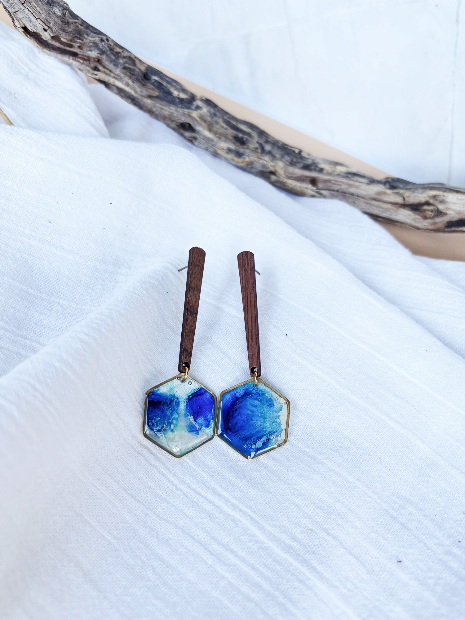 Artisanal Hexagonal Hoop Earrings with blue ink - Beadsmith