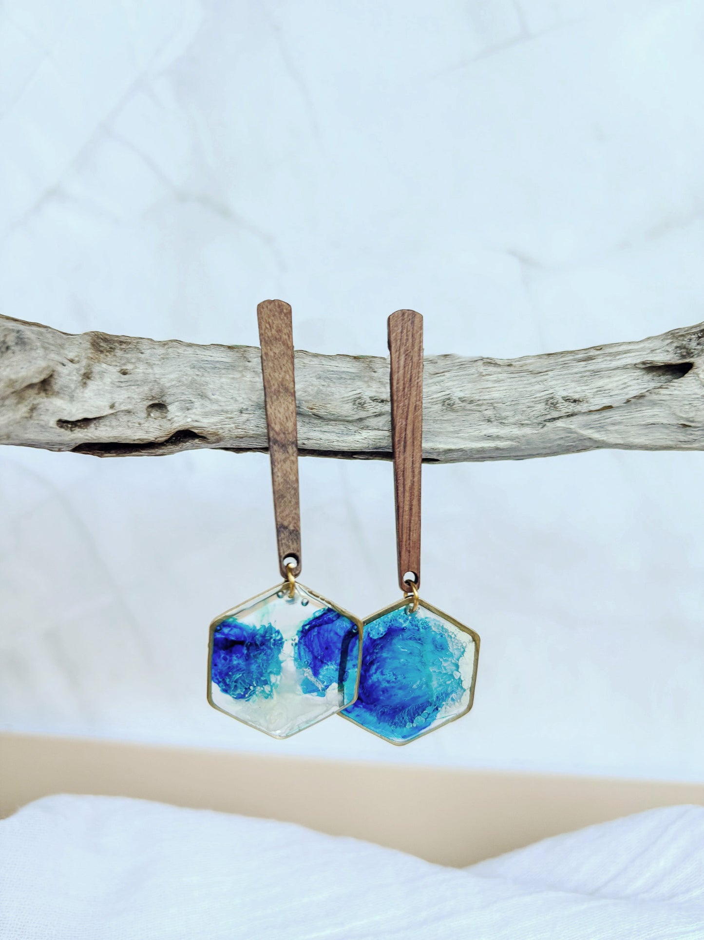 Artisanal Hexagonal Hoop Earrings with blue ink - Beadsmith