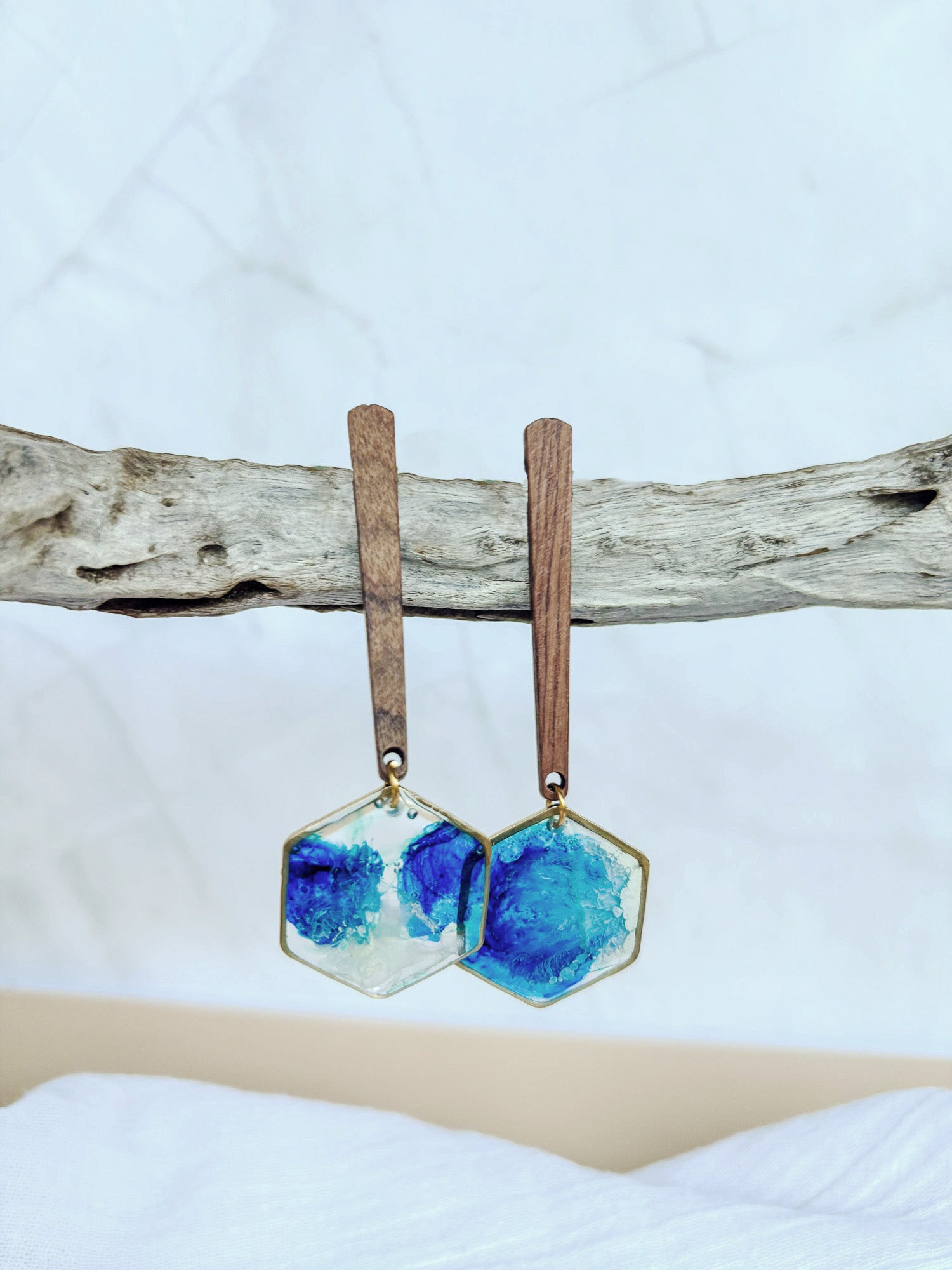 Artisanal Hexagonal Hoop Earrings with blue ink - Beadsmith