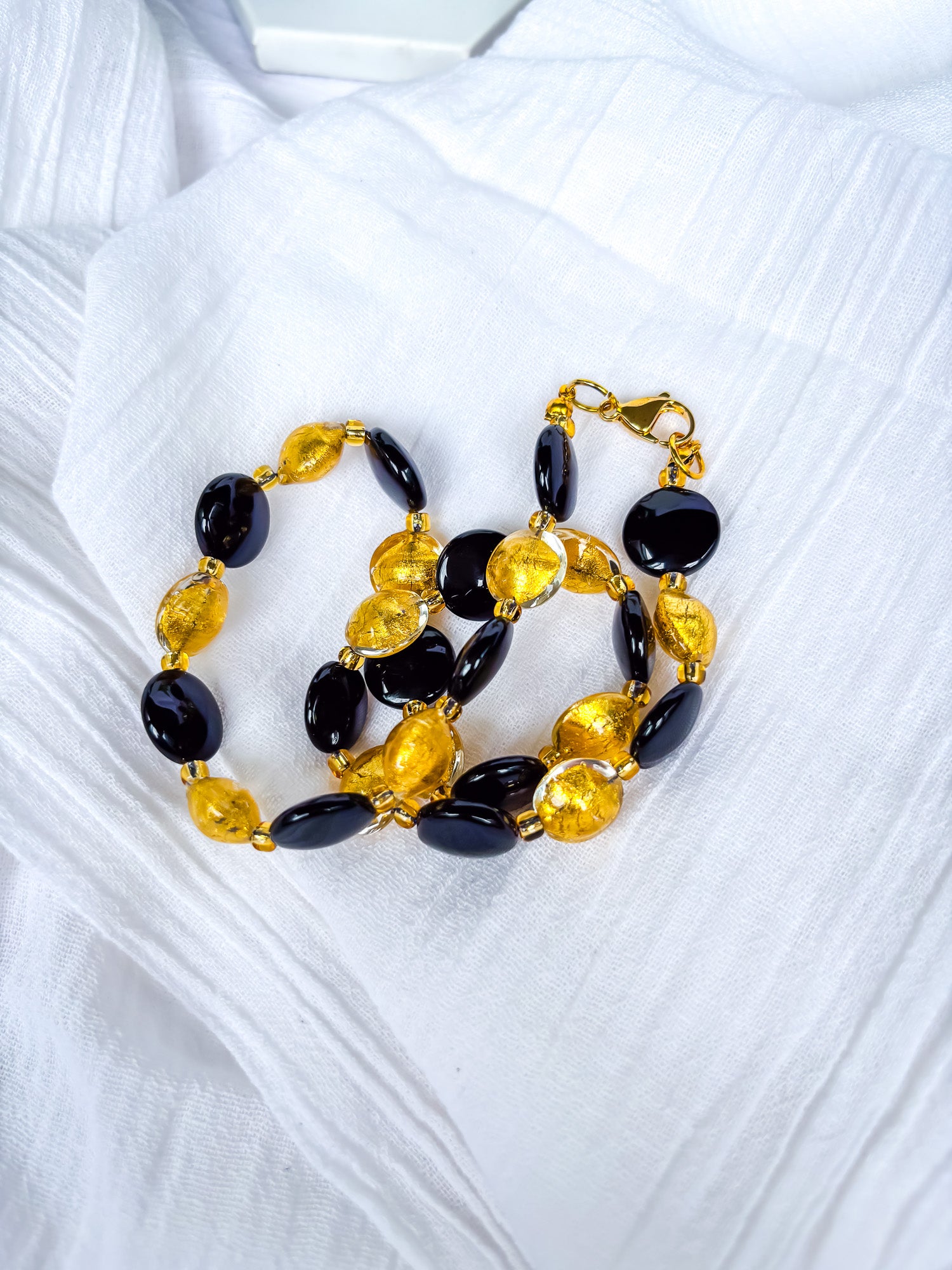Handmade Black Beaded Necklace with Gold Feature Beads - Beadsmith