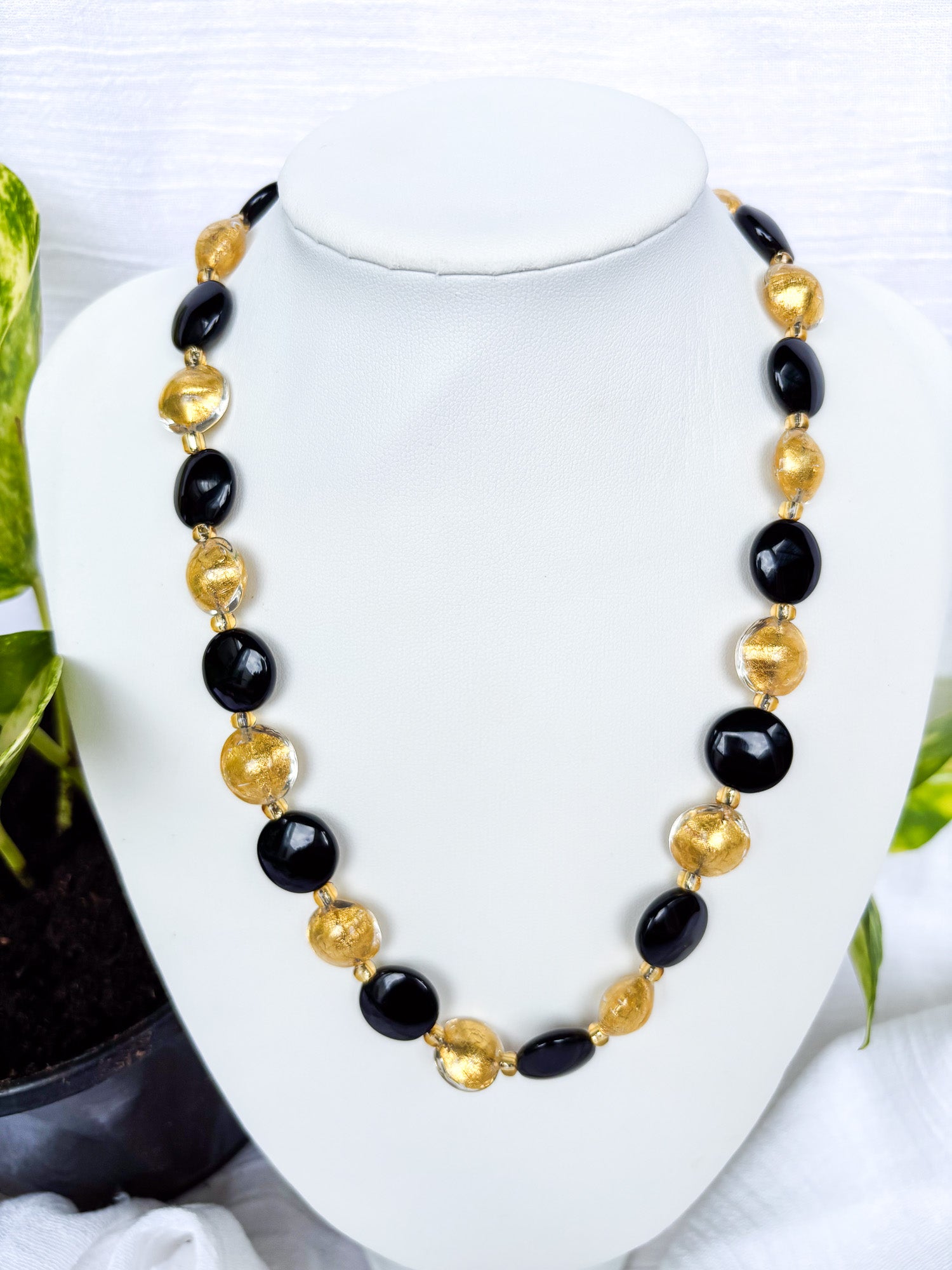 Handmade Shiny Black and Gold Foiled Bead Necklace - Beadsmith